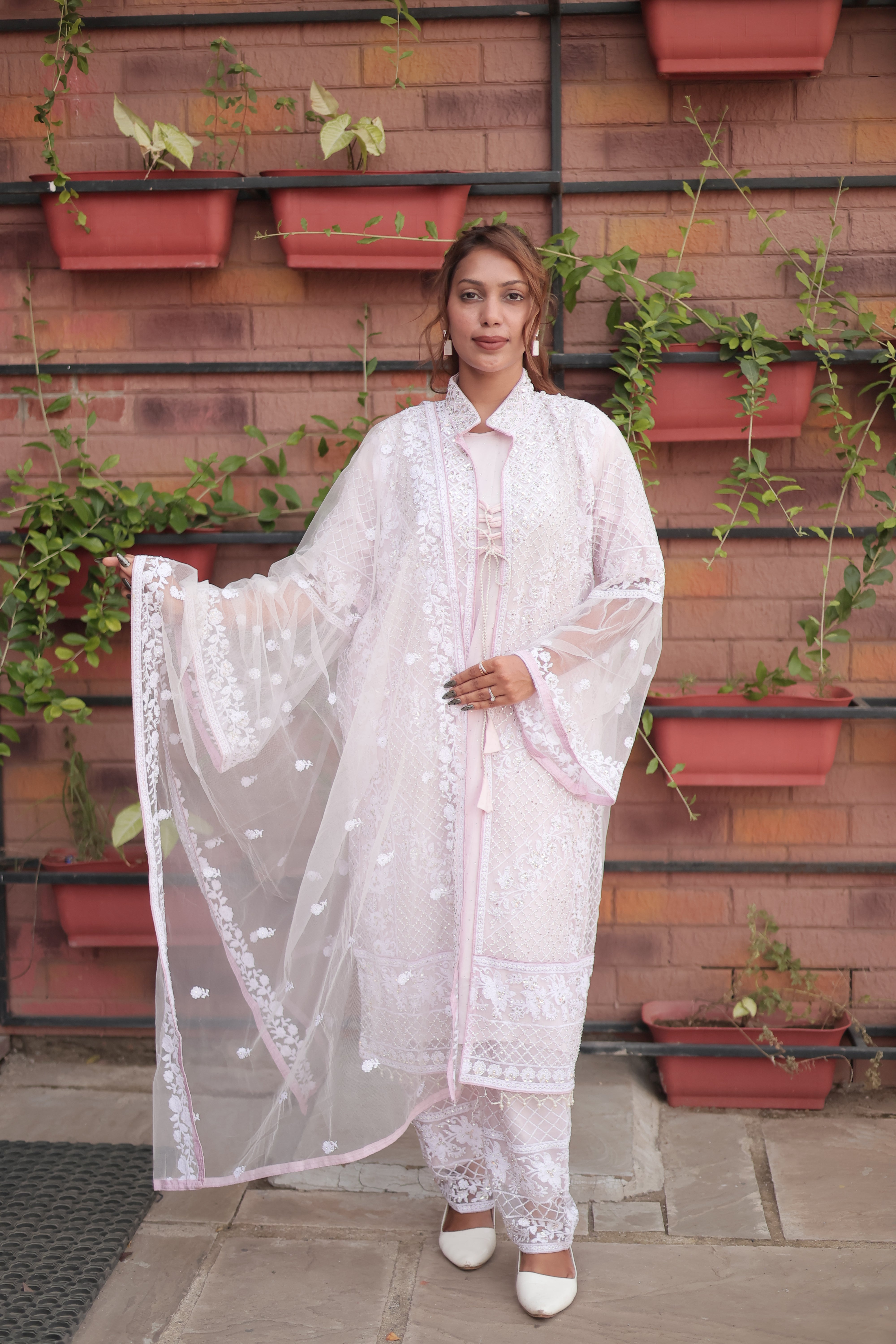 Blush Pink Luxury Embroidered Kurta Set with Organza Dupatta