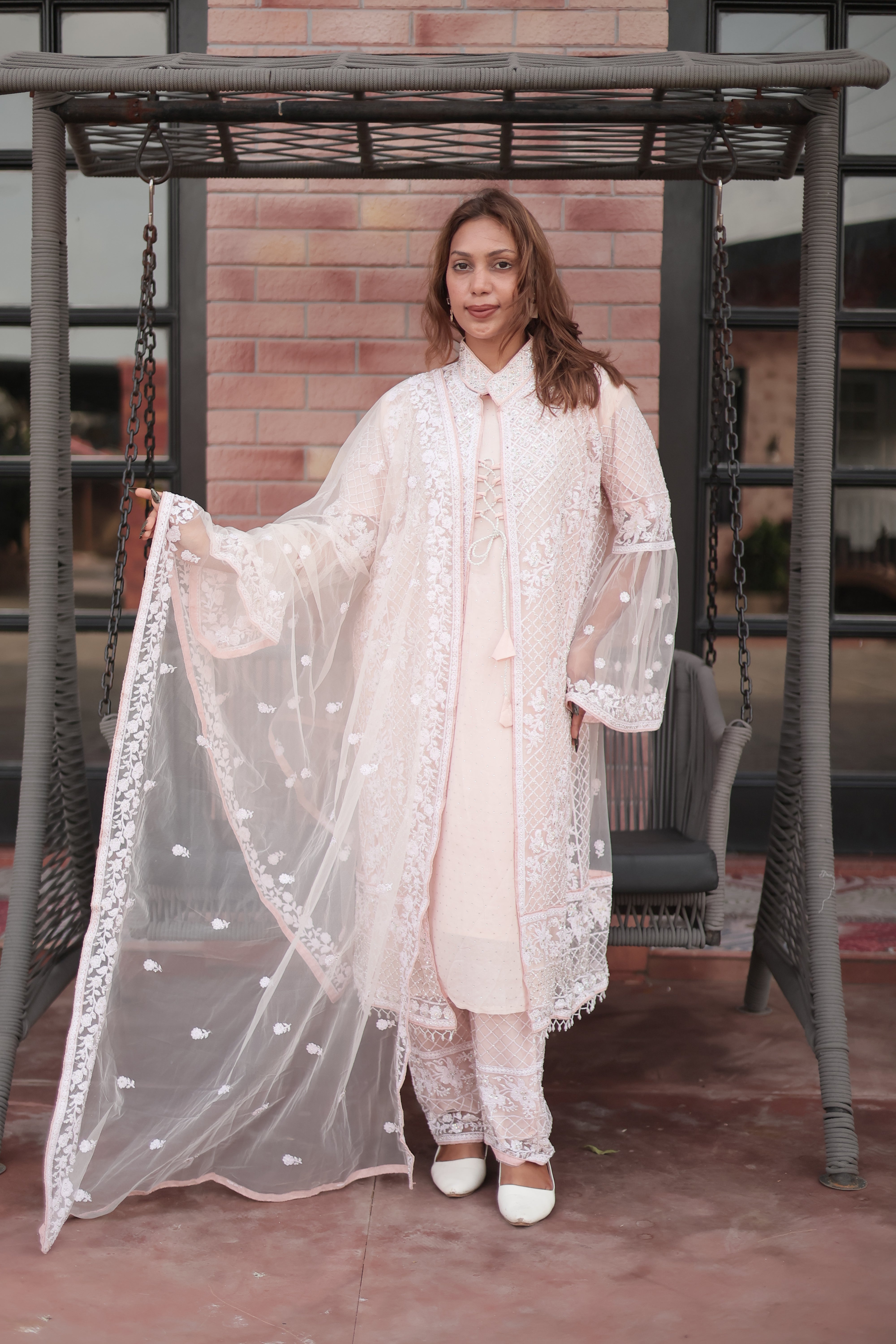 Blush Blossom Embroidered Kurta Set with Organza Dupatta