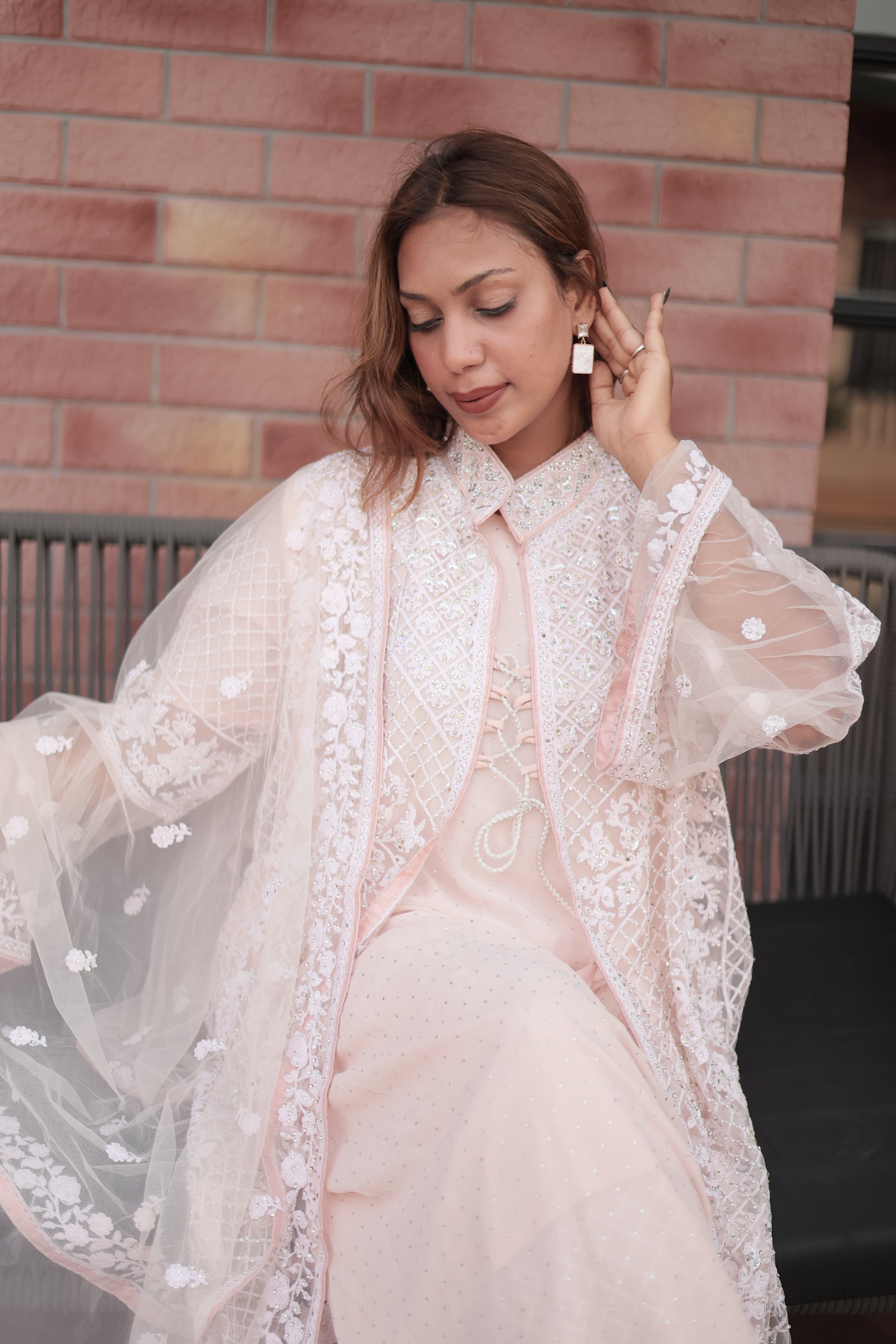 Blush Blossom Embroidered Kurta Set with Organza Dupatta