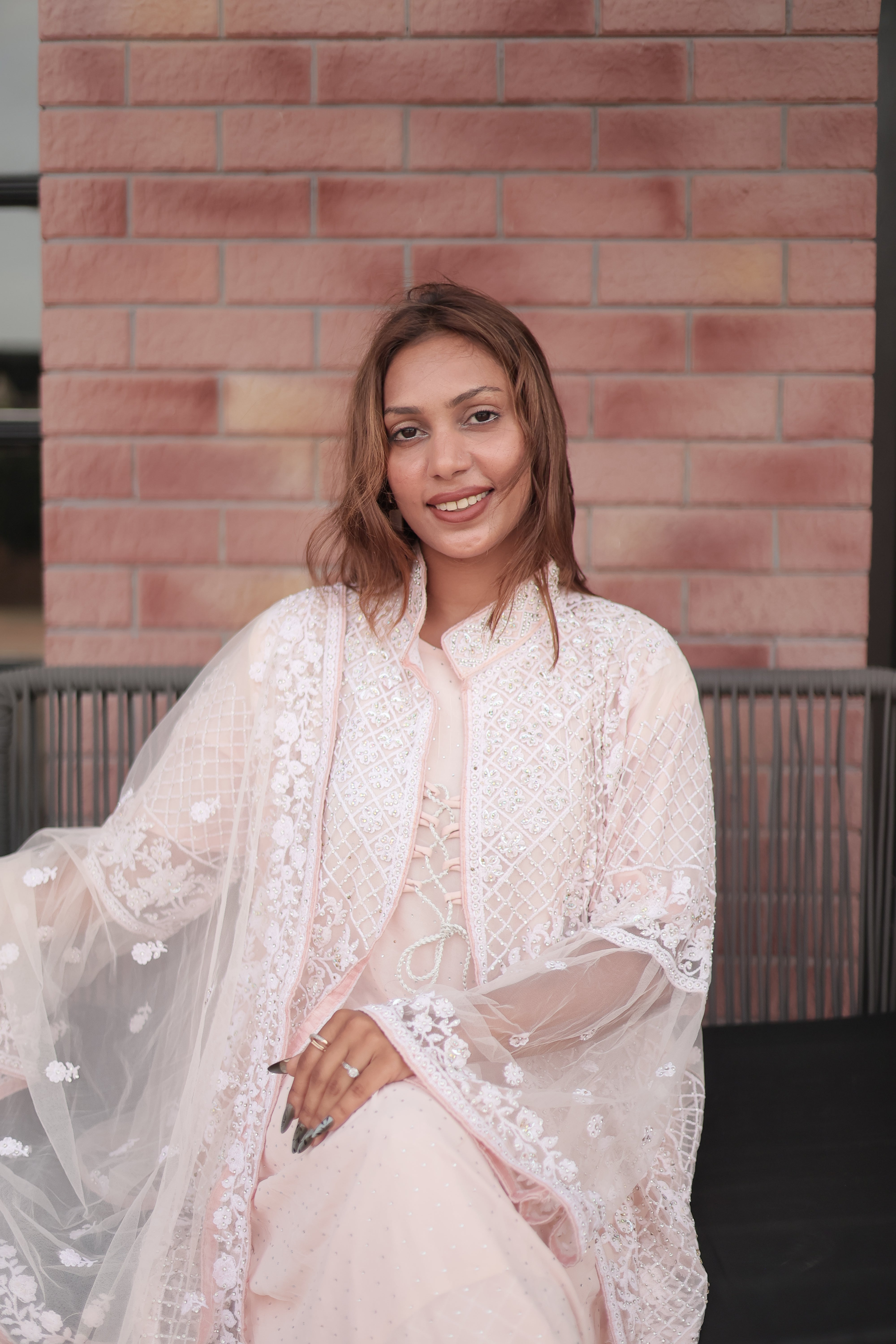 Blush Blossom Embroidered Kurta Set with Organza Dupatta