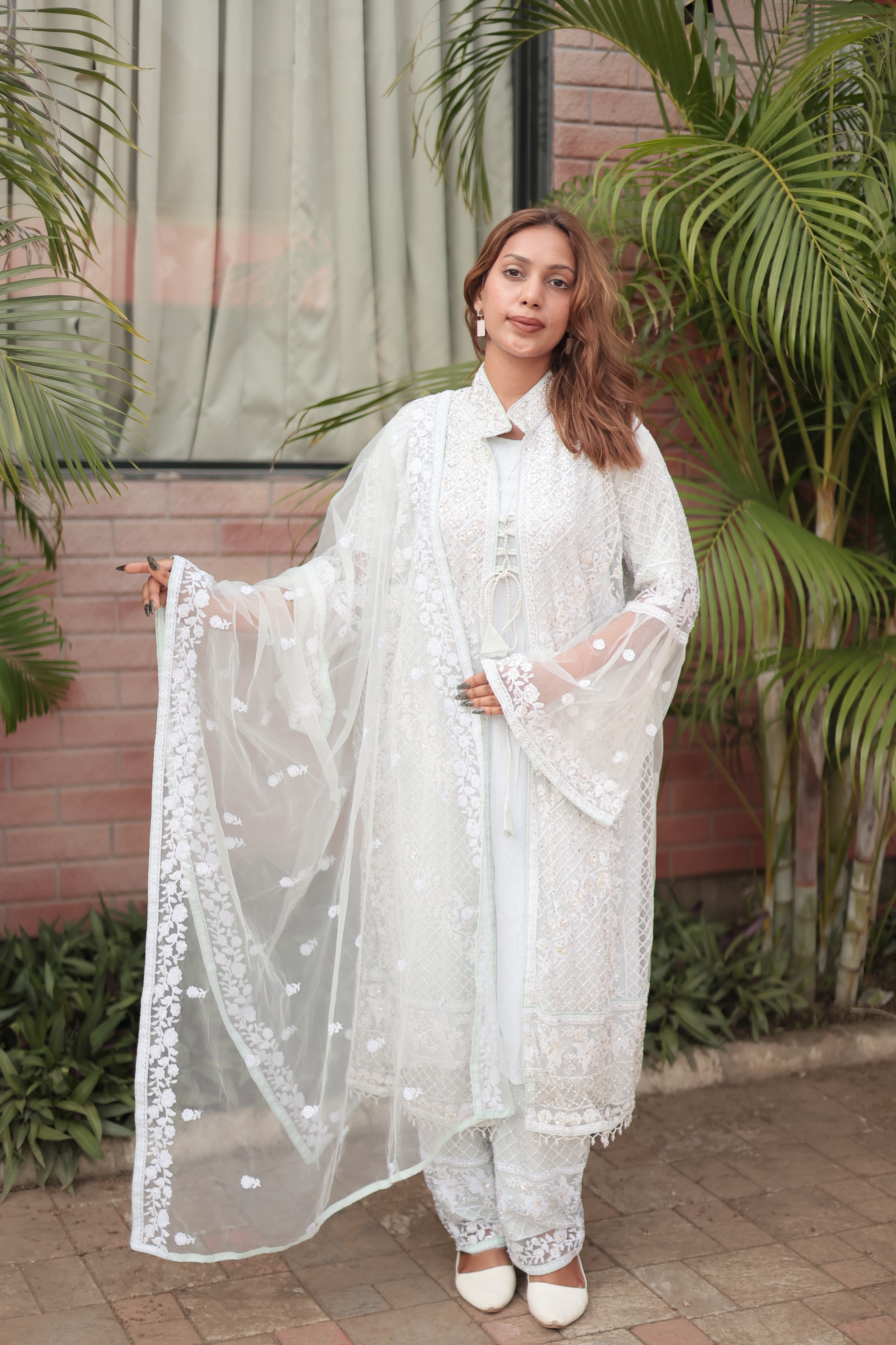 Light Ice Blue Luxury Embroidered Kurta Set with Organza Dupatta
