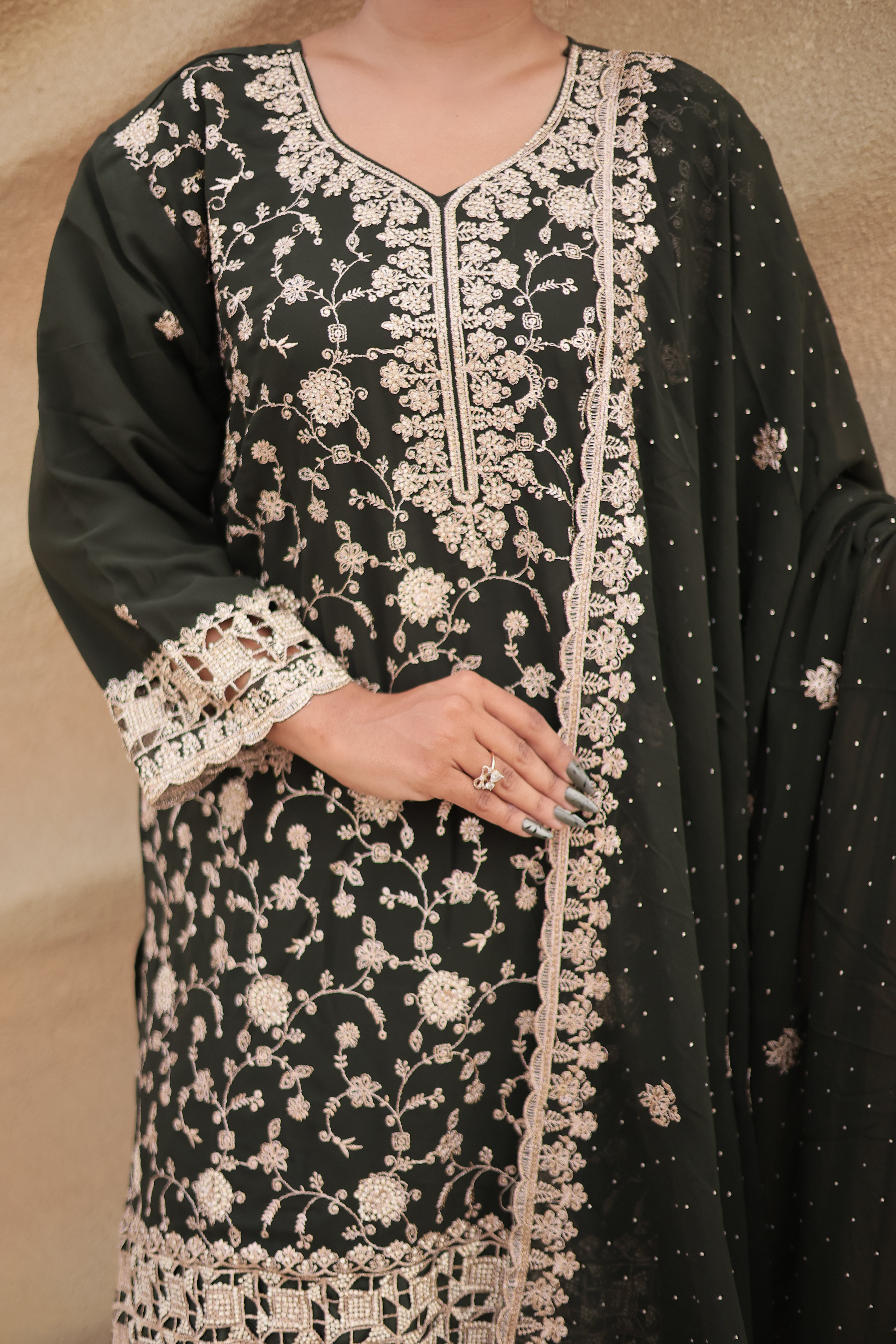 Dark Olive Green Luxury Embroidered Kurta Set with Embroidered Dupatta