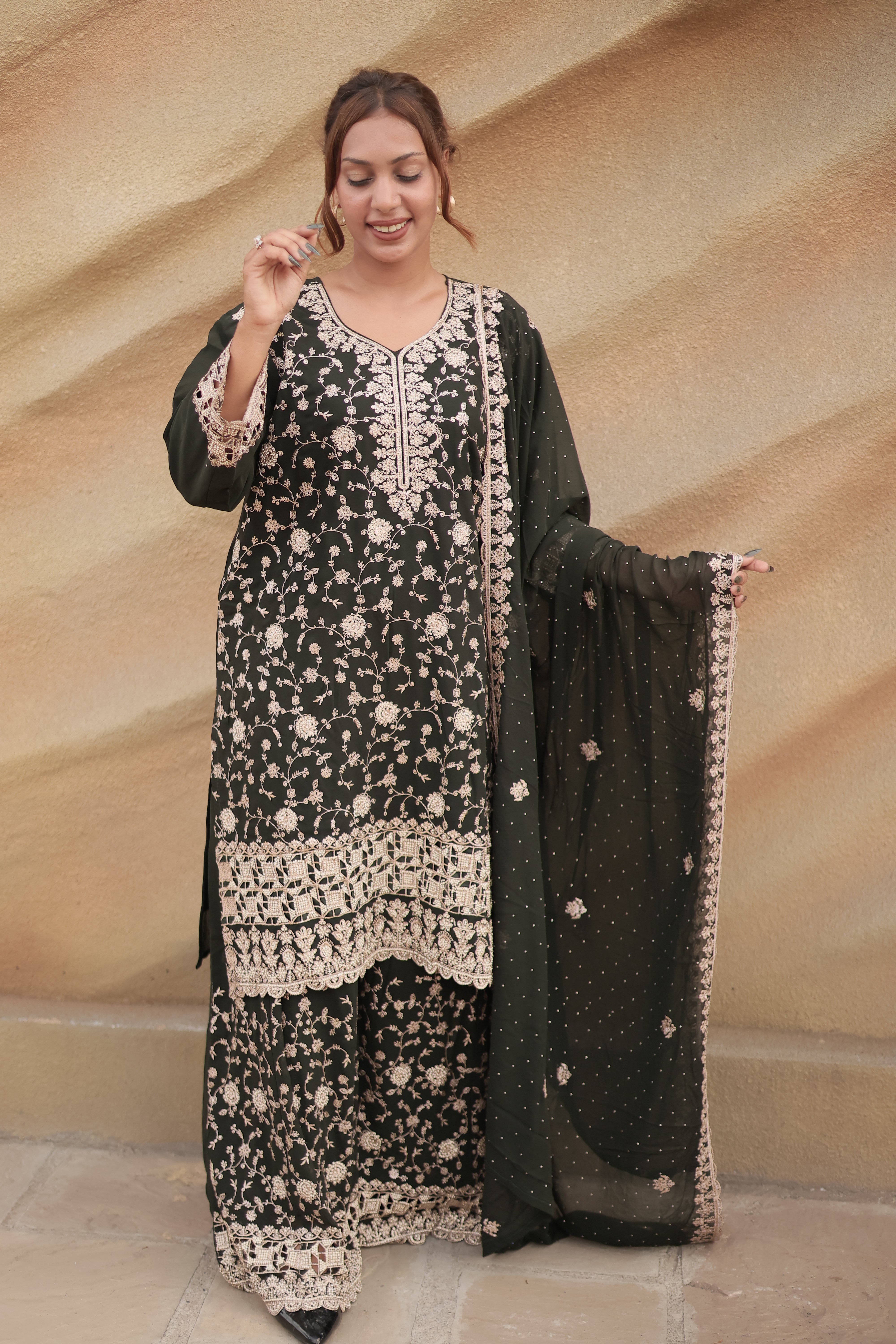 Dark Olive Green Luxury Embroidered Kurta Set with Embroidered Dupatta