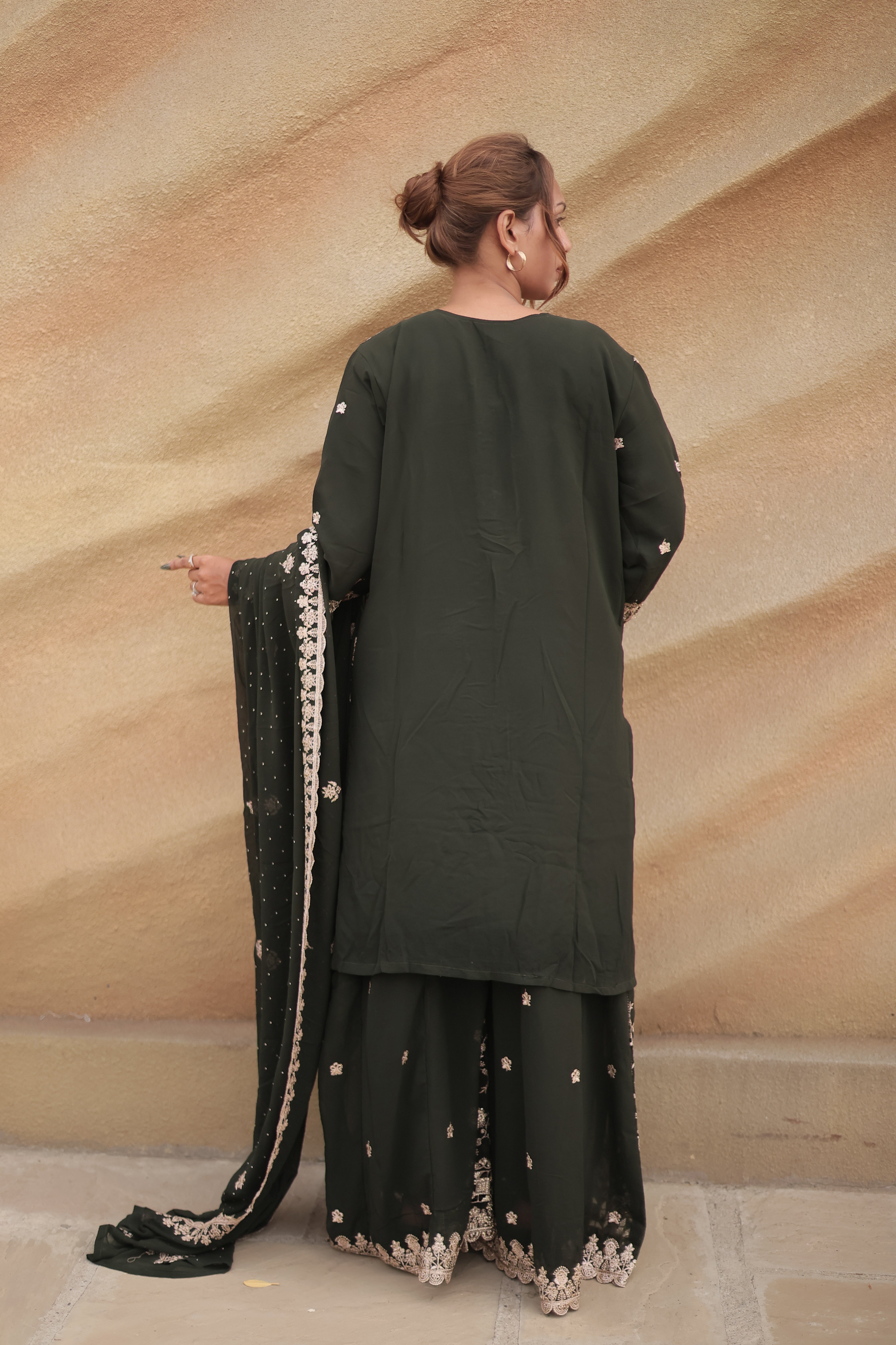 Dark Olive Green Luxury Embroidered Kurta Set with Embroidered Dupatta