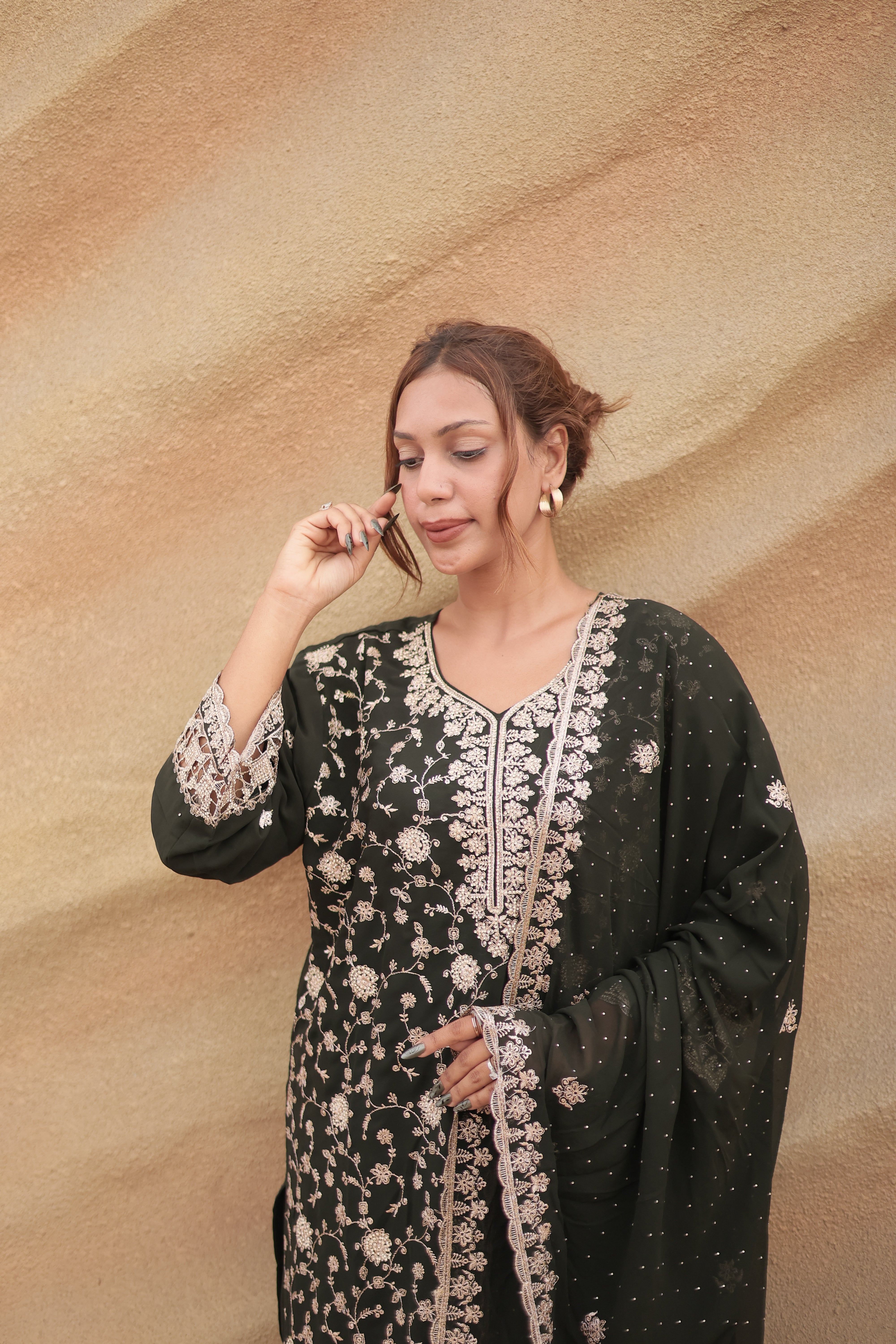 Dark Olive Green Luxury Embroidered Kurta Set with Embroidered Dupatta