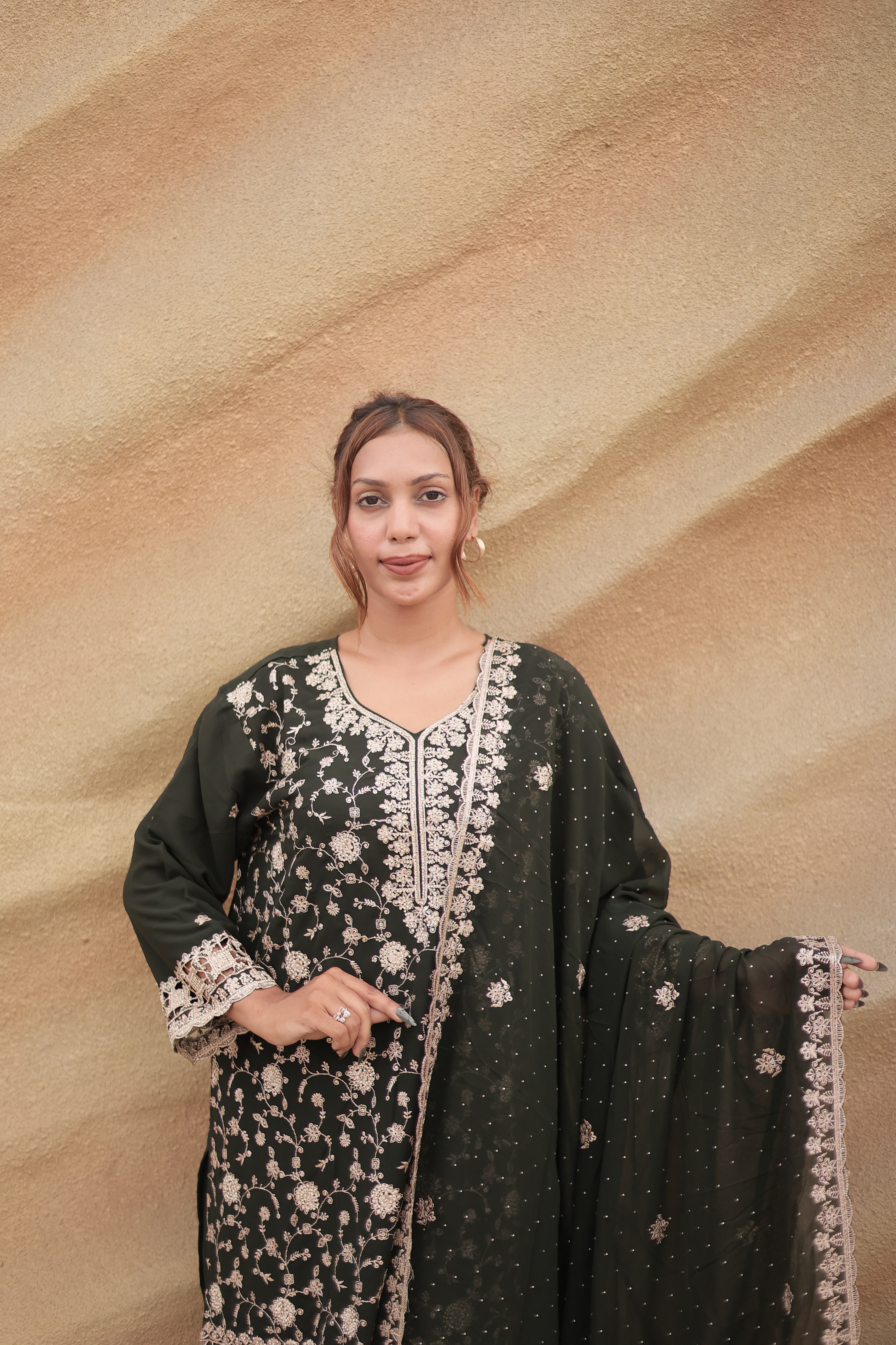 Dark Olive Green Luxury Embroidered Kurta Set with Embroidered Dupatta