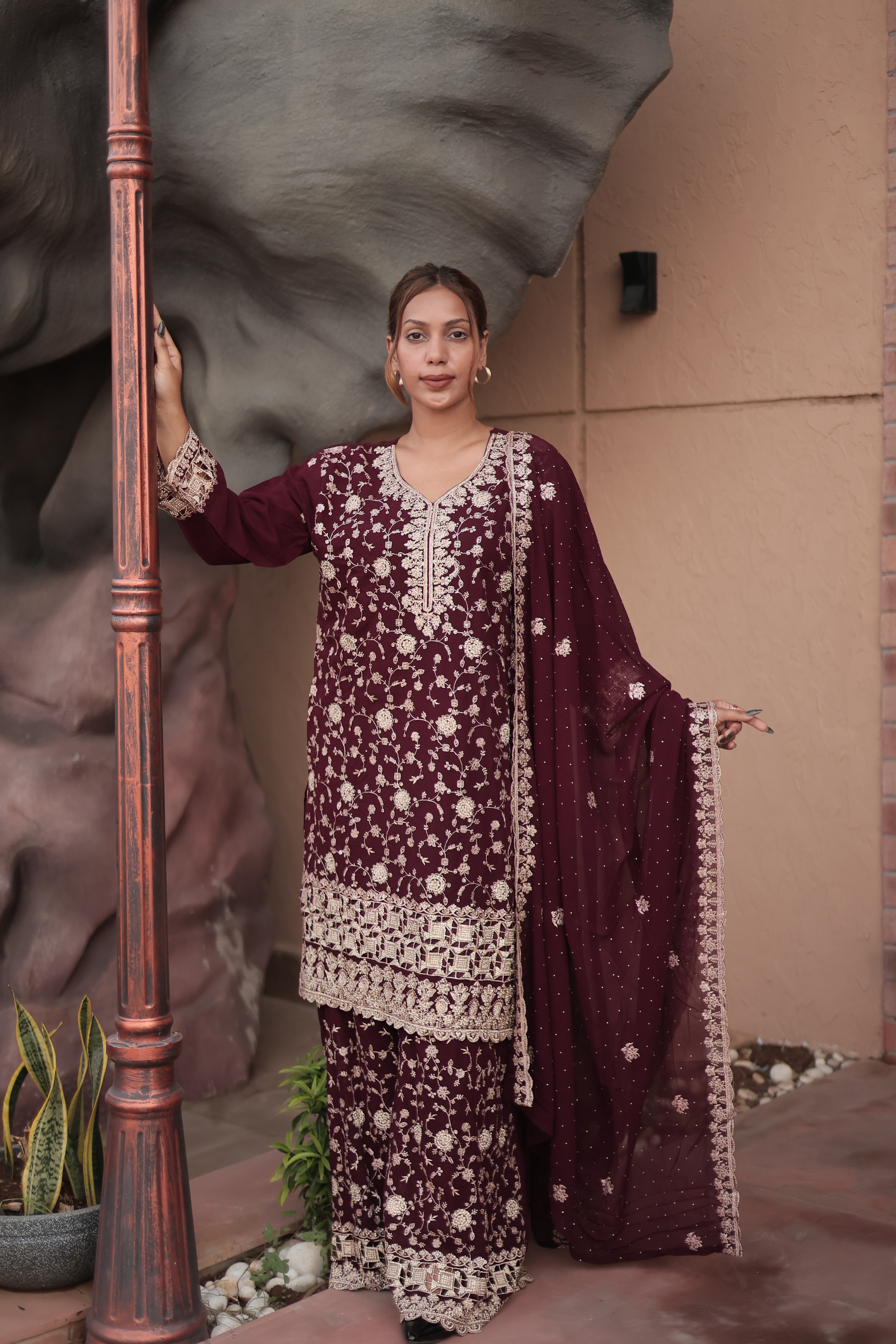 Wine Maroon Luxury Embroidered Kurta Set with Embroidered Dupatta