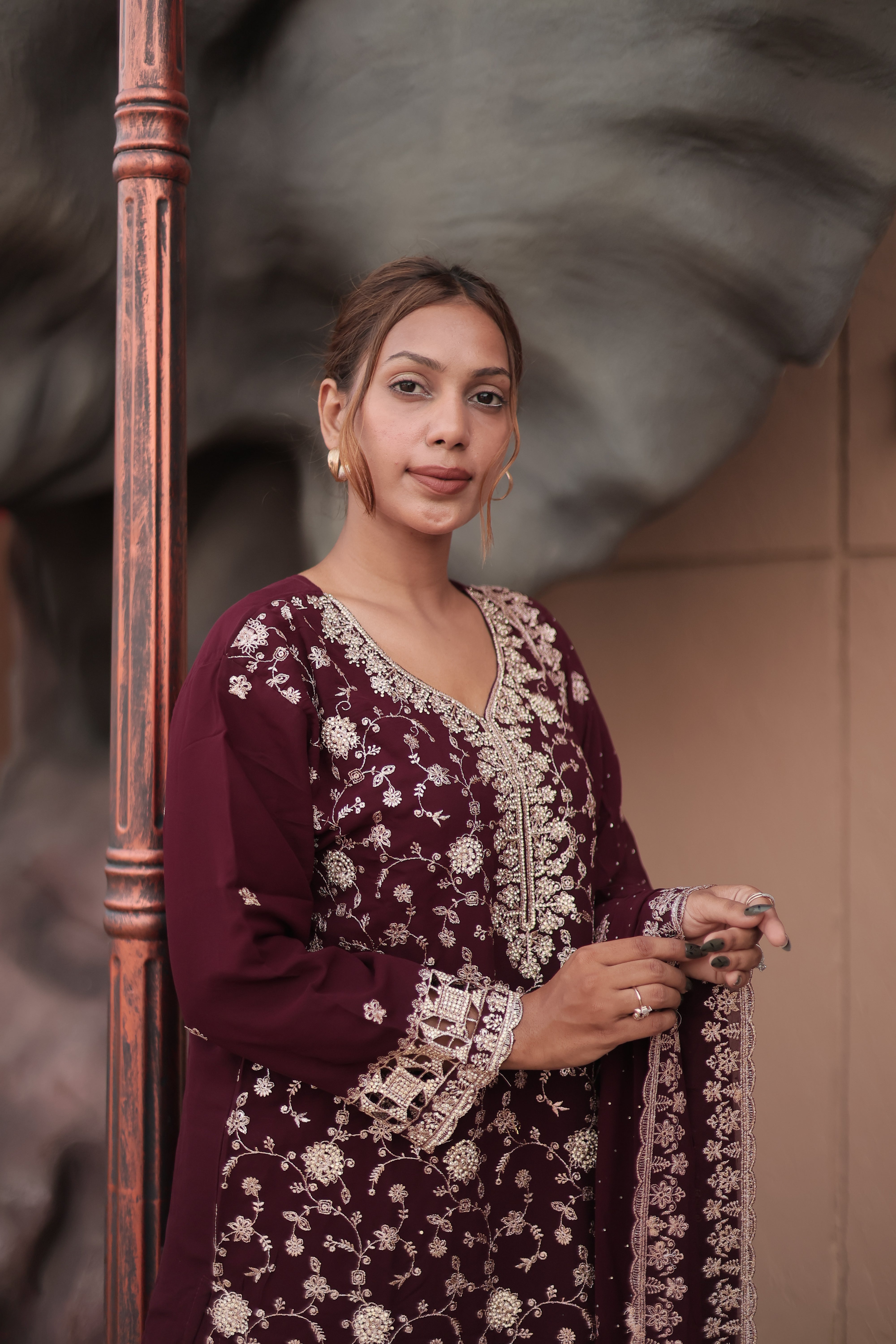 Wine Maroon Luxury Embroidered Kurta Set with Embroidered Dupatta