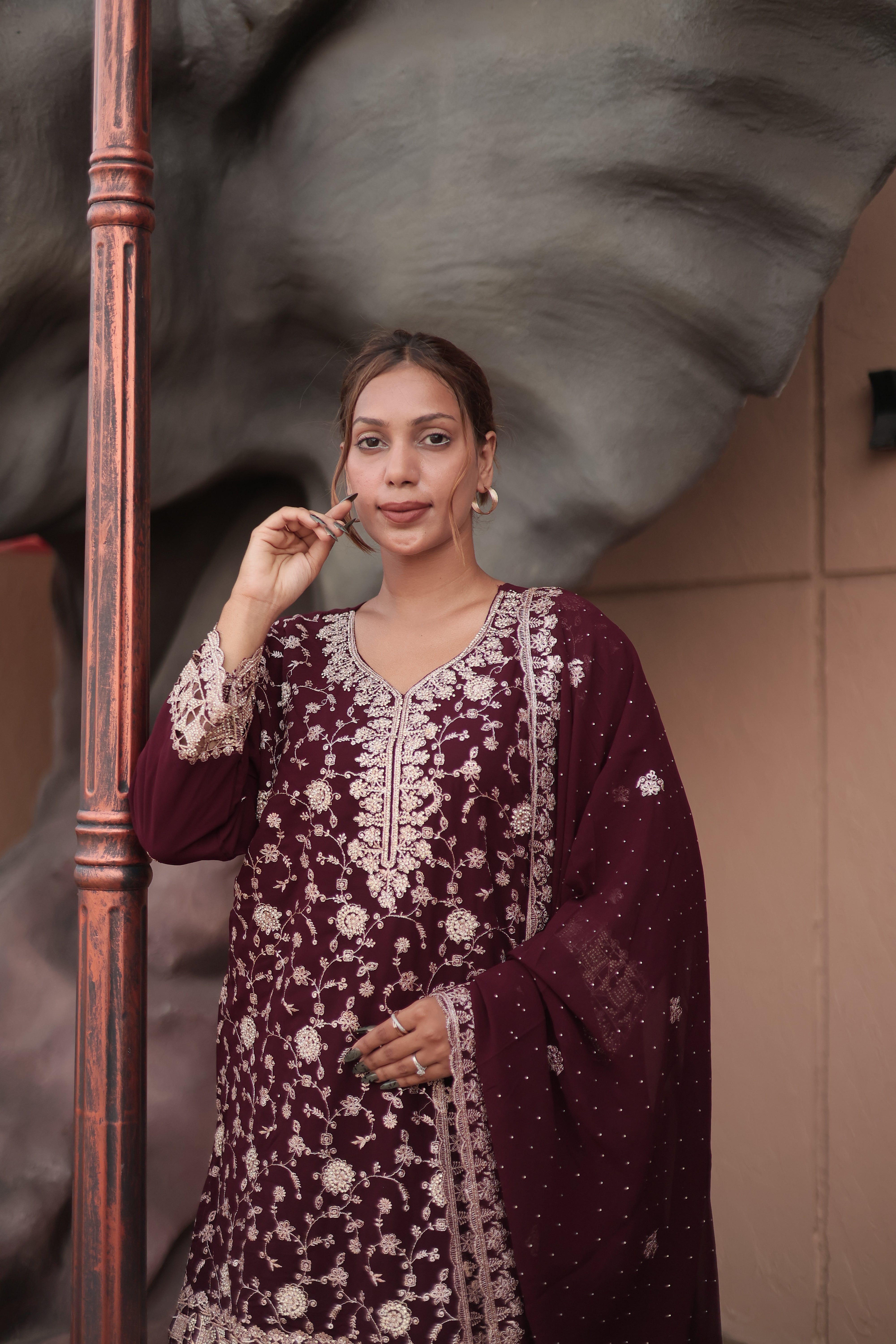 Wine Maroon Luxury Embroidered Kurta Set with Embroidered Dupatta