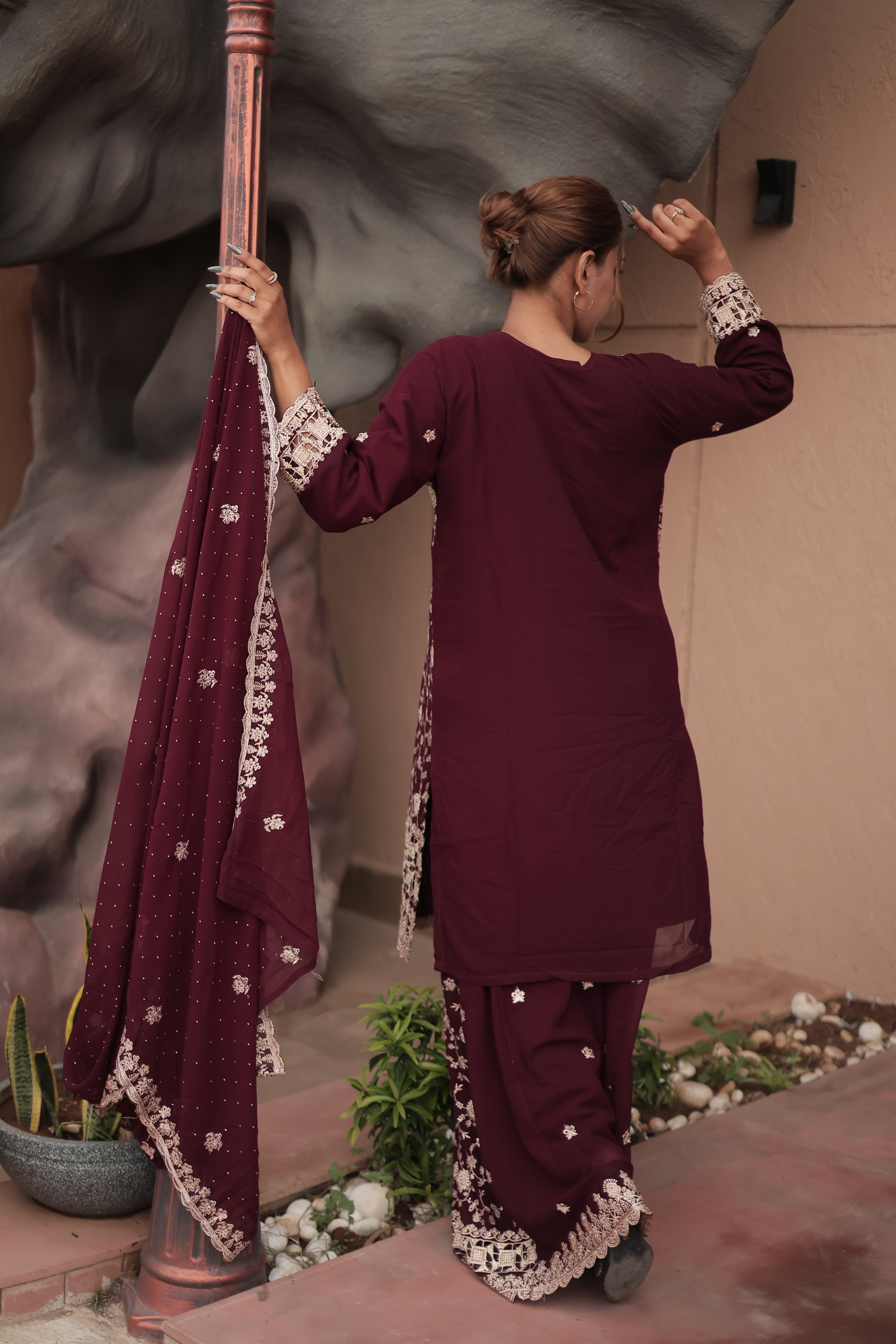 Wine Maroon Luxury Embroidered Kurta Set with Embroidered Dupatta