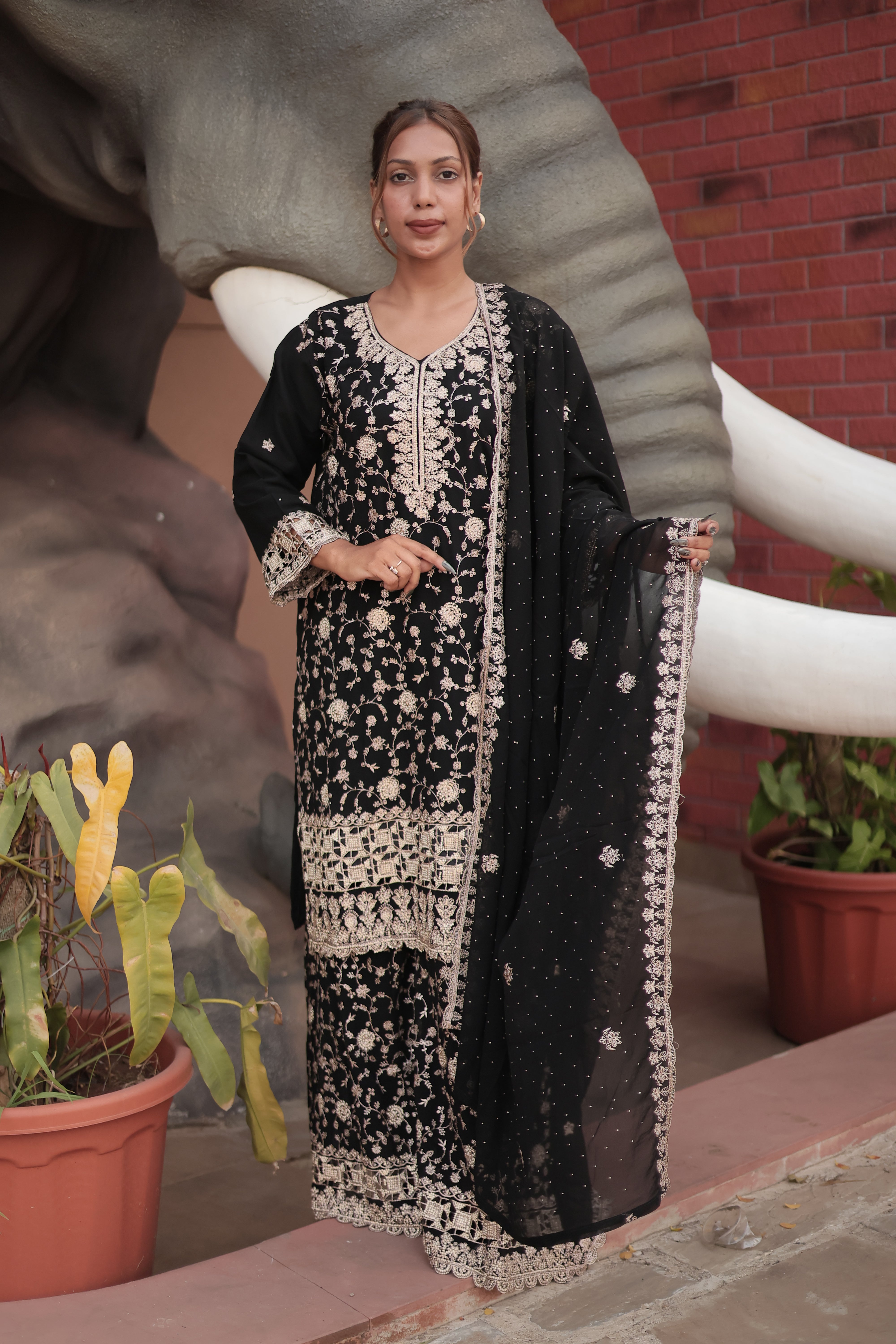 Black Luxury Embroidered Kurta Set with Embroidered Dupatta