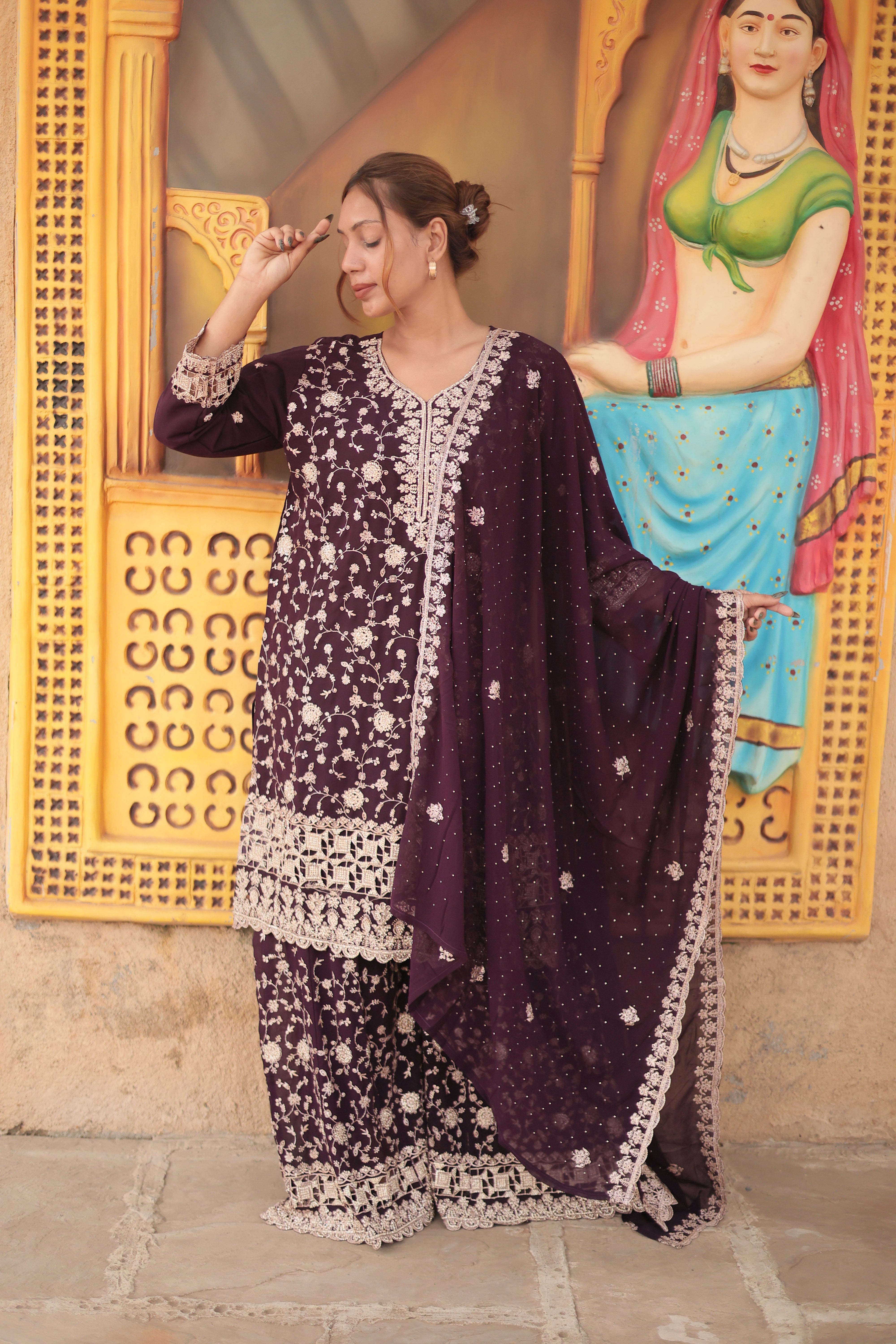 Deep Plum Luxury Embroidered Kurta Set with Embroidered Dupatta