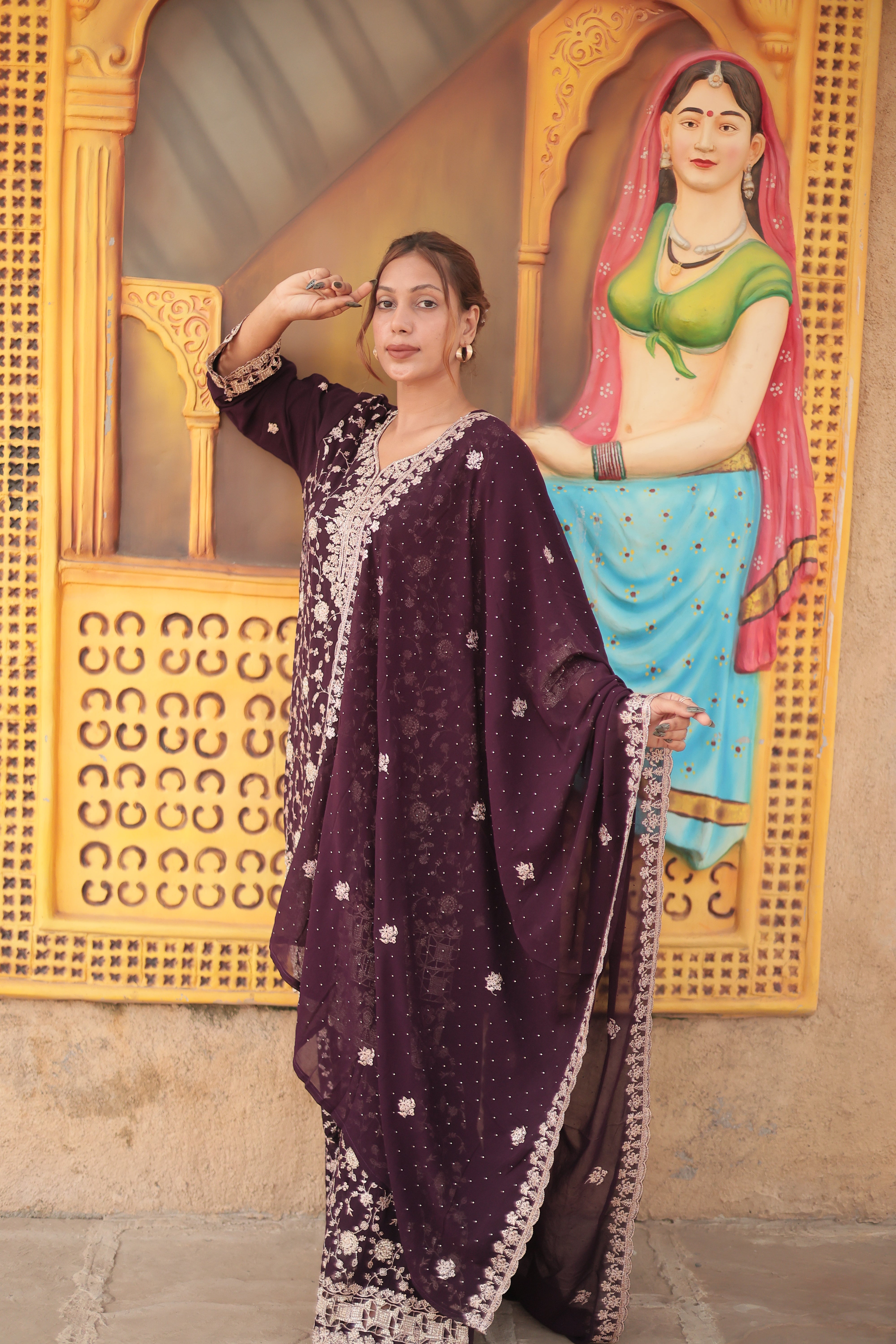 Deep Plum Luxury Embroidered Kurta Set with Embroidered Dupatta