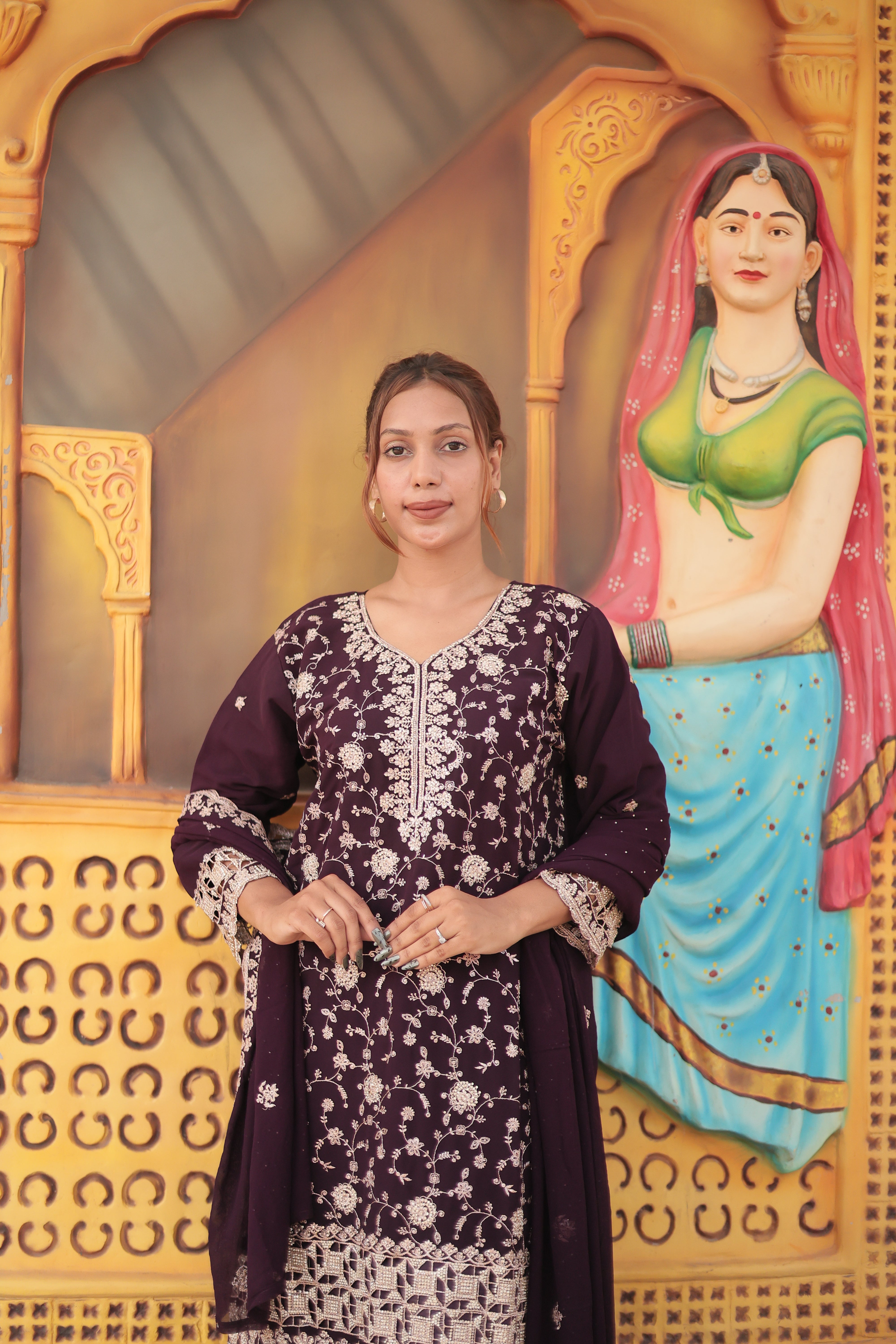 Deep Plum Luxury Embroidered Kurta Set with Embroidered Dupatta