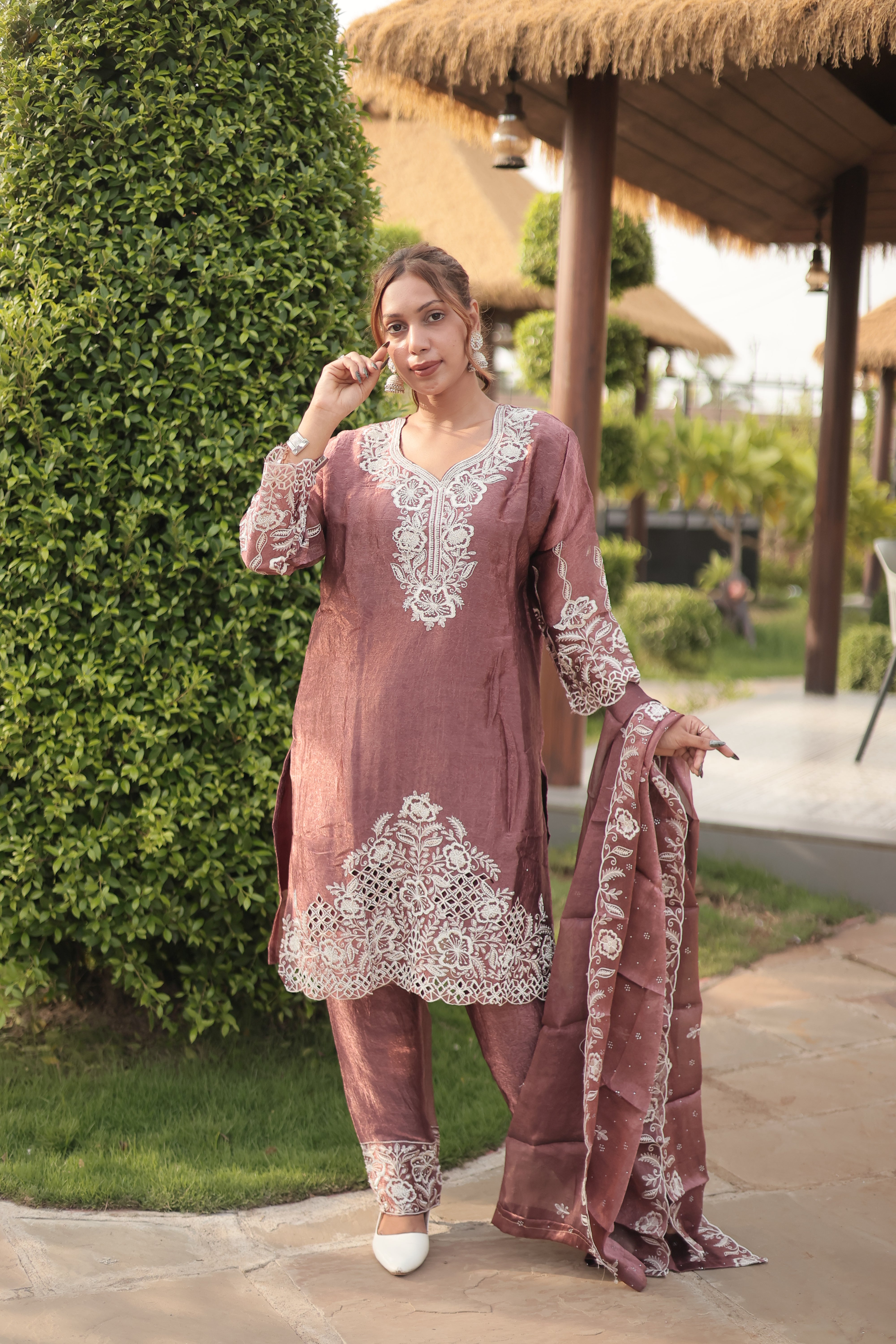 Dusty Mauve Luxury Embroidered Kurta Set with Embroidered Dupatta