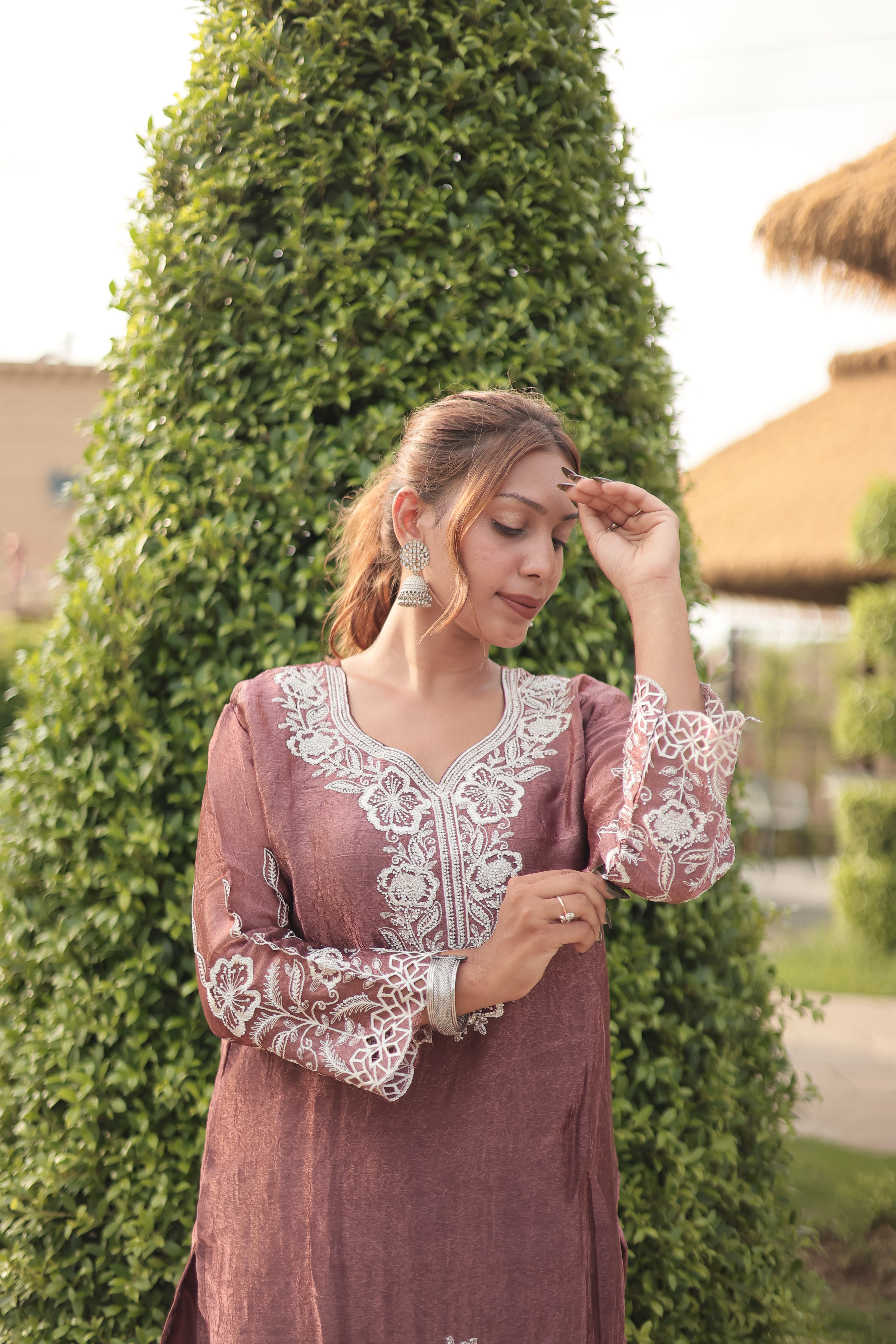 Dusty Mauve Luxury Embroidered Kurta Set with Embroidered Dupatta