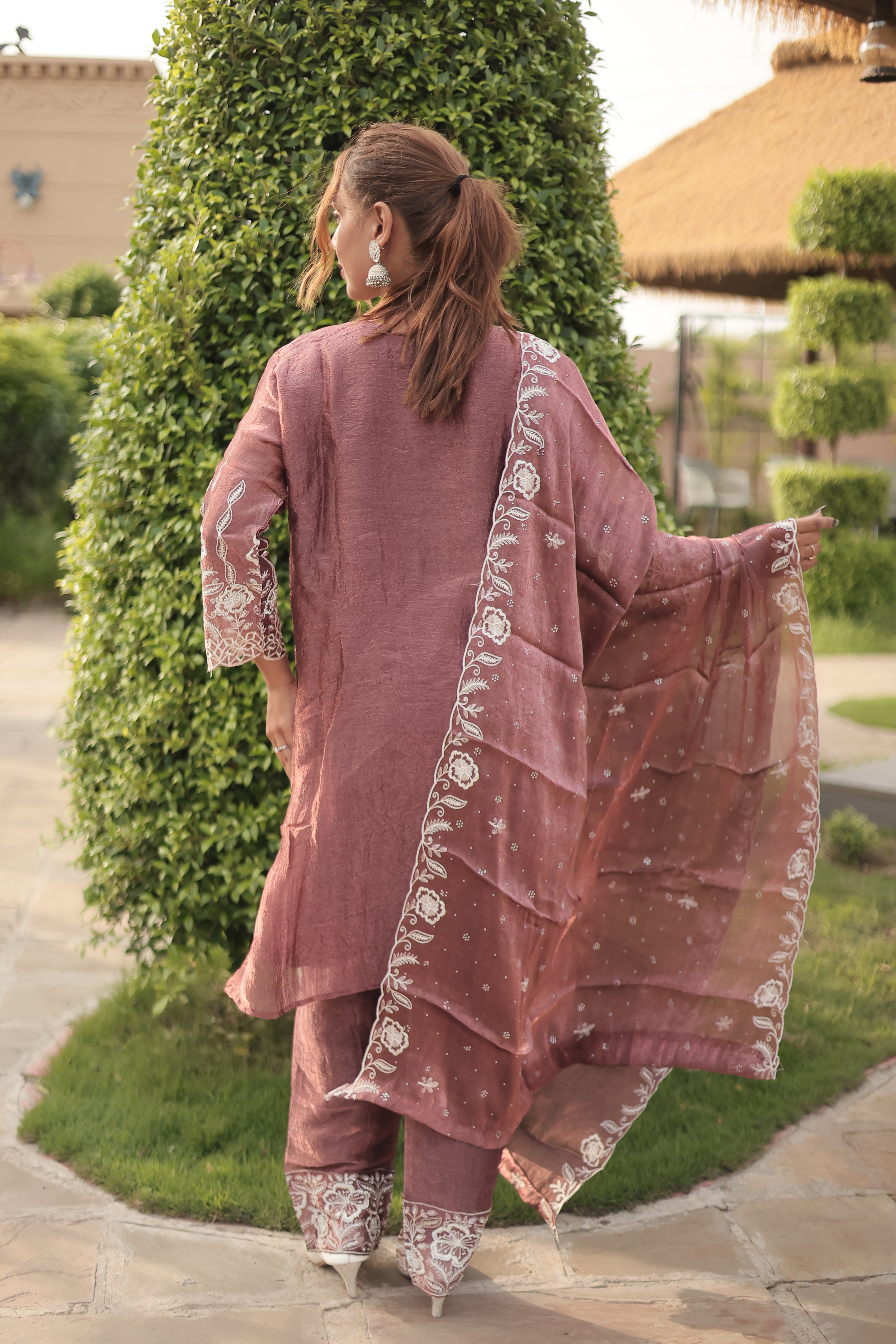 Dusty Mauve Luxury Embroidered Kurta Set with Embroidered Dupatta