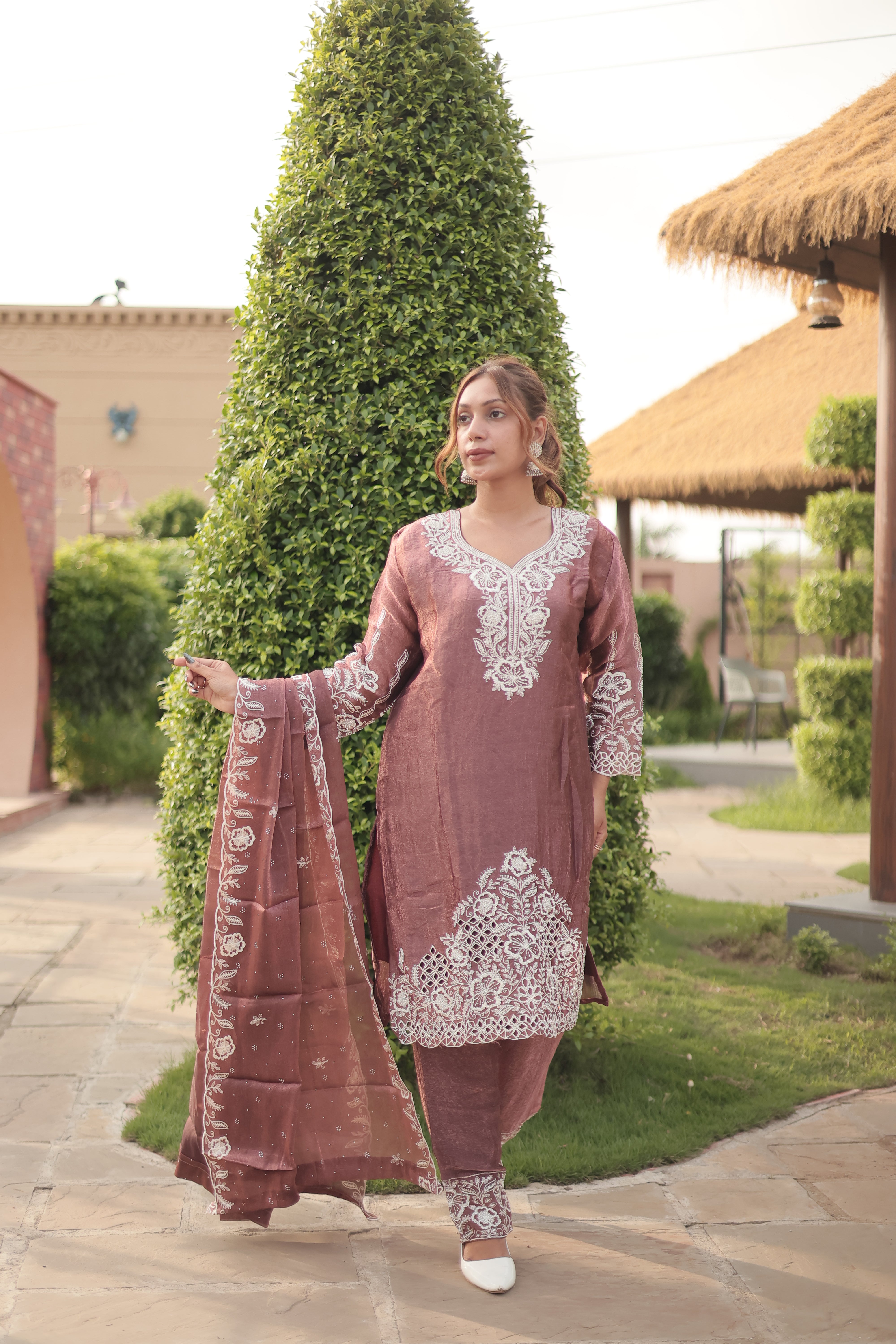 Dusty Mauve Luxury Embroidered Kurta Set with Embroidered Dupatta
