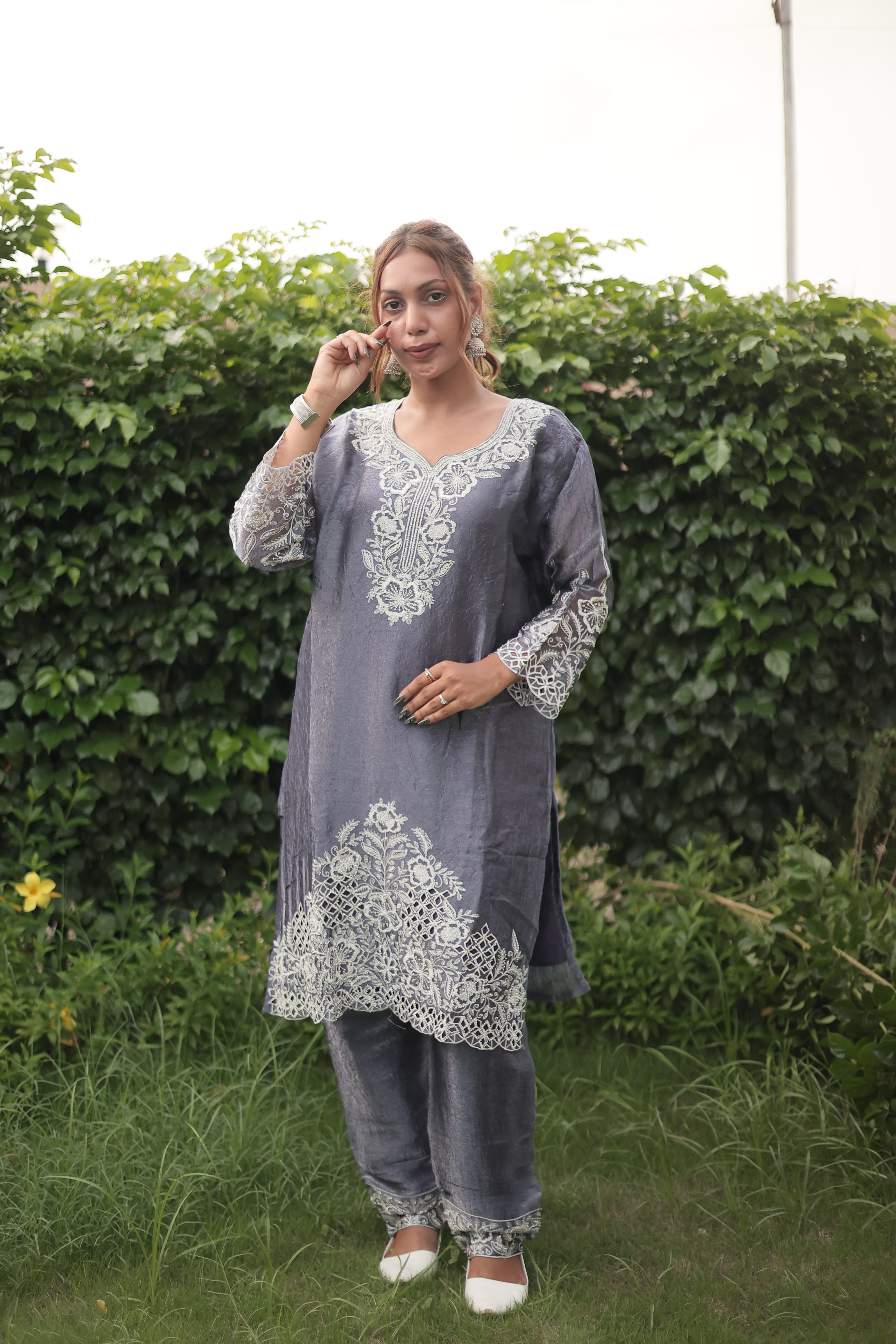Steel Grey Luxury Embroidered Kurta Set with Embroidered Dupatta