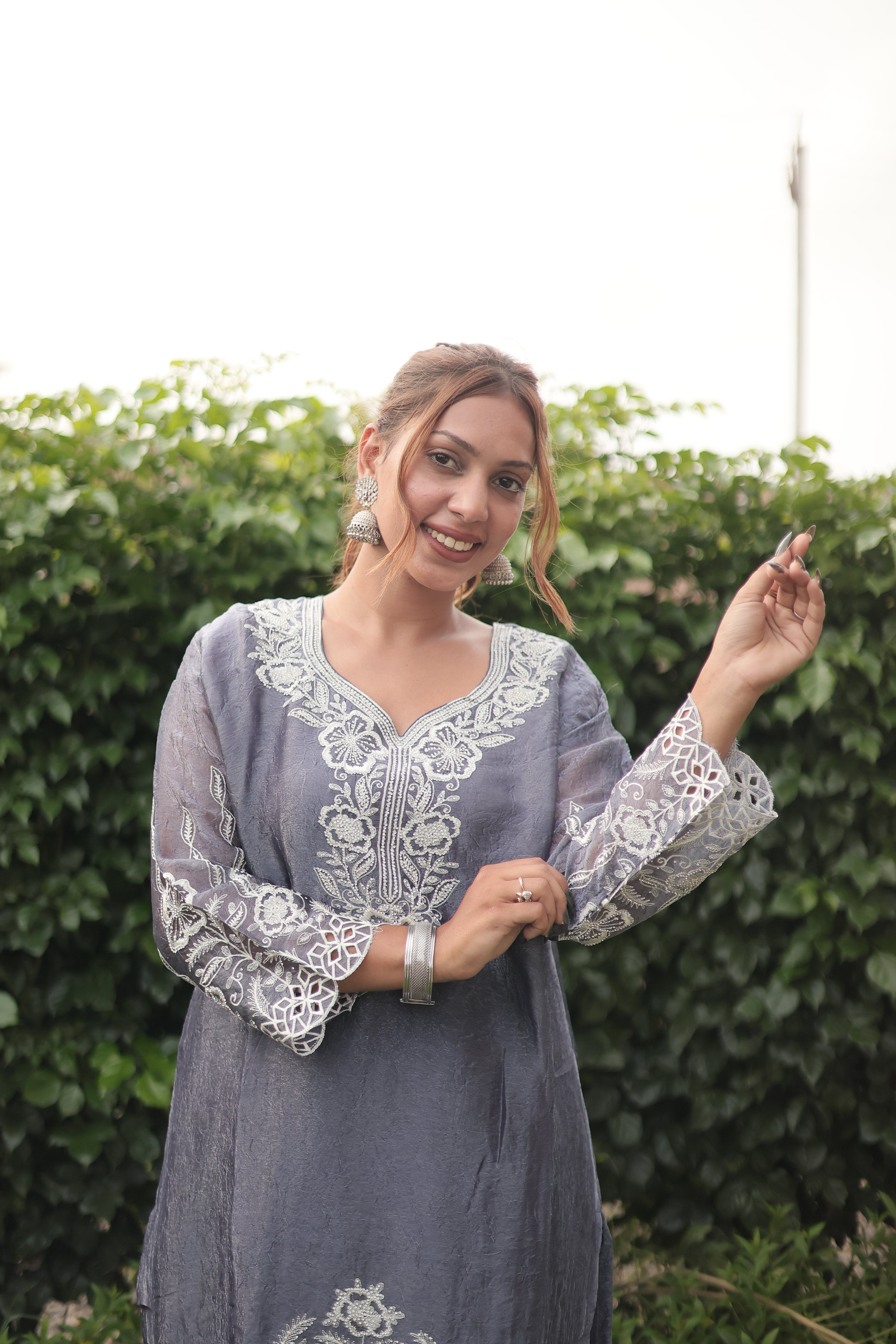 Steel Grey Luxury Embroidered Kurta Set with Embroidered Dupatta