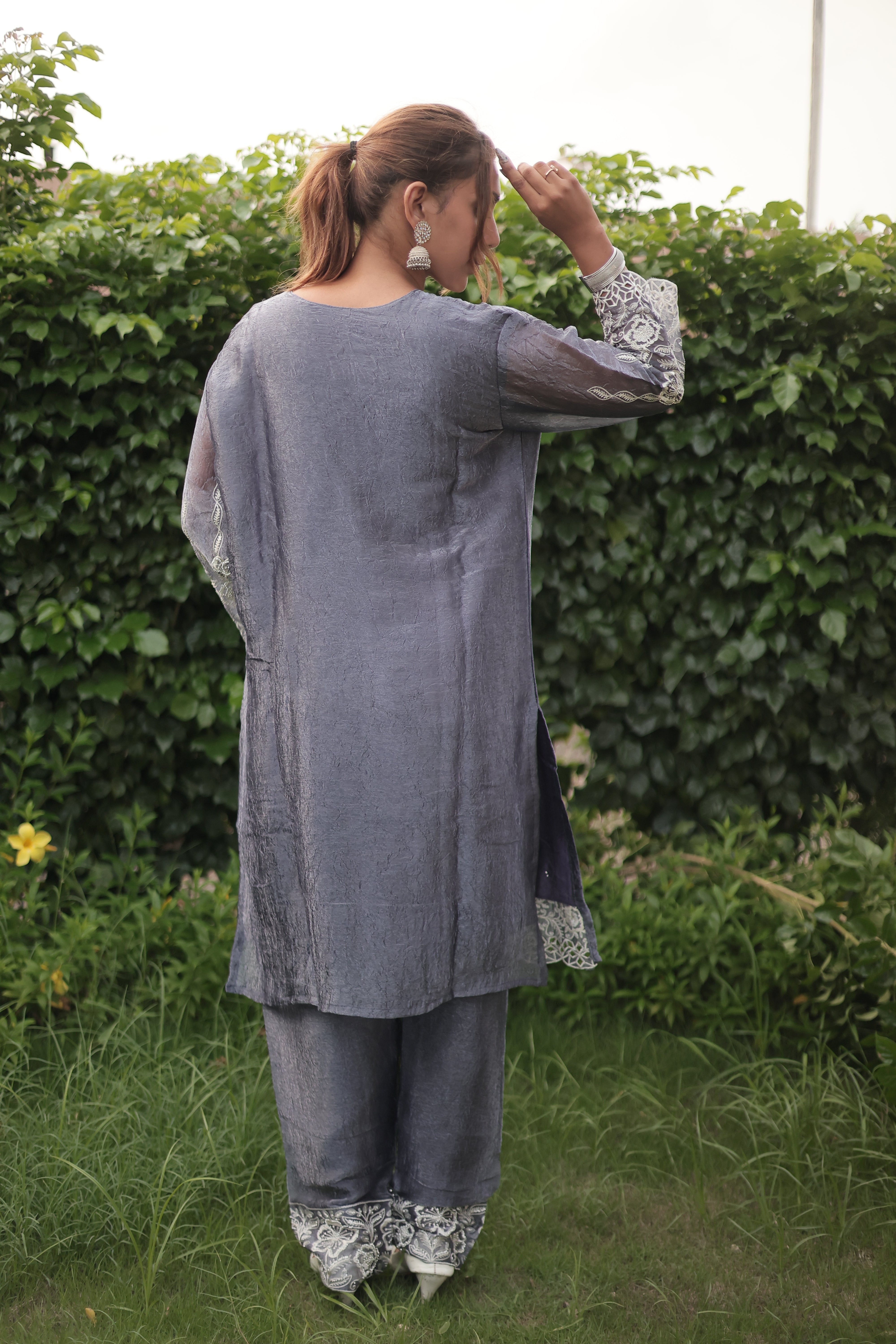 Steel Grey Luxury Embroidered Kurta Set with Embroidered Dupatta