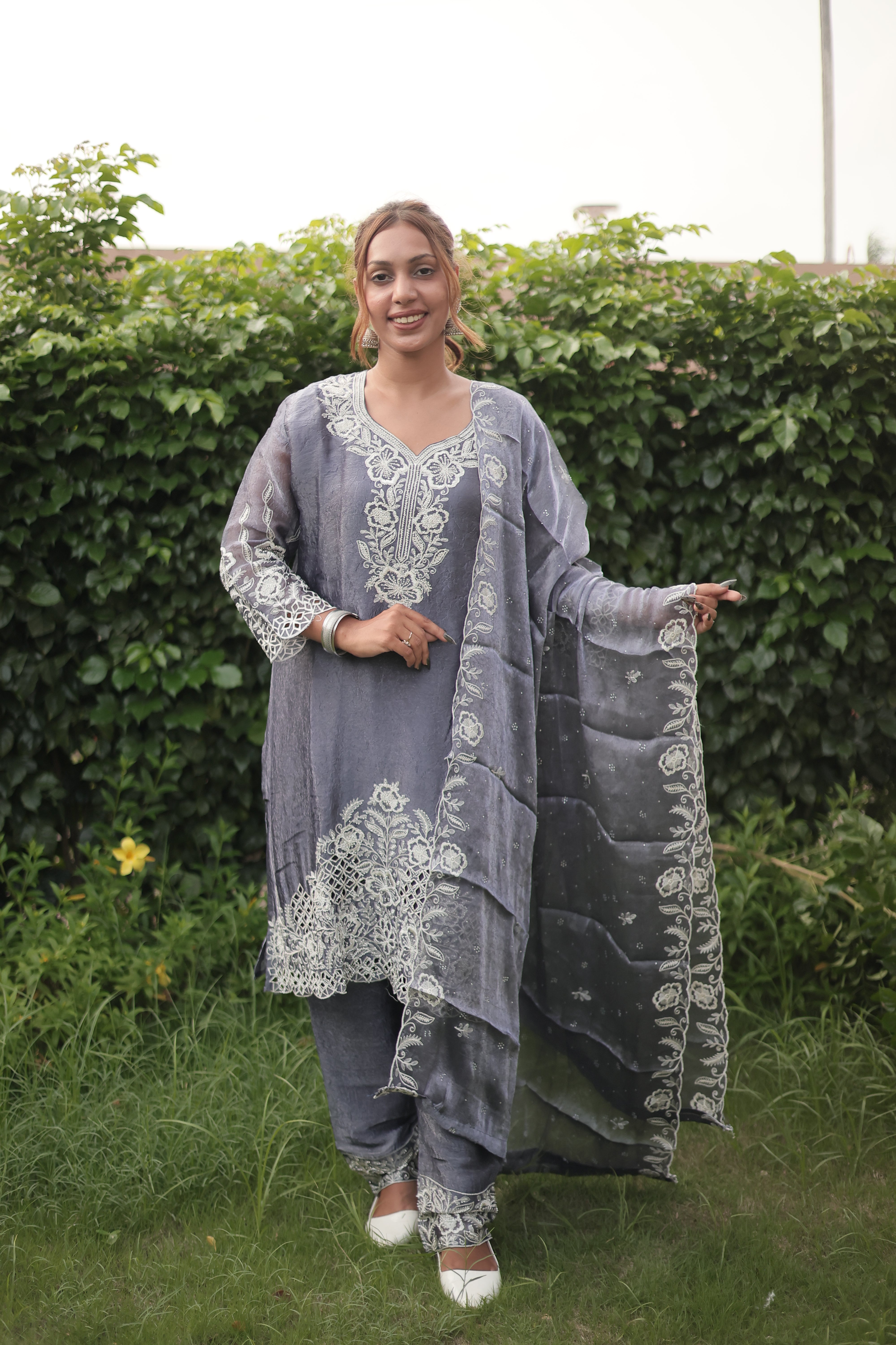 Steel Grey Luxury Embroidered Kurta Set with Embroidered Dupatta