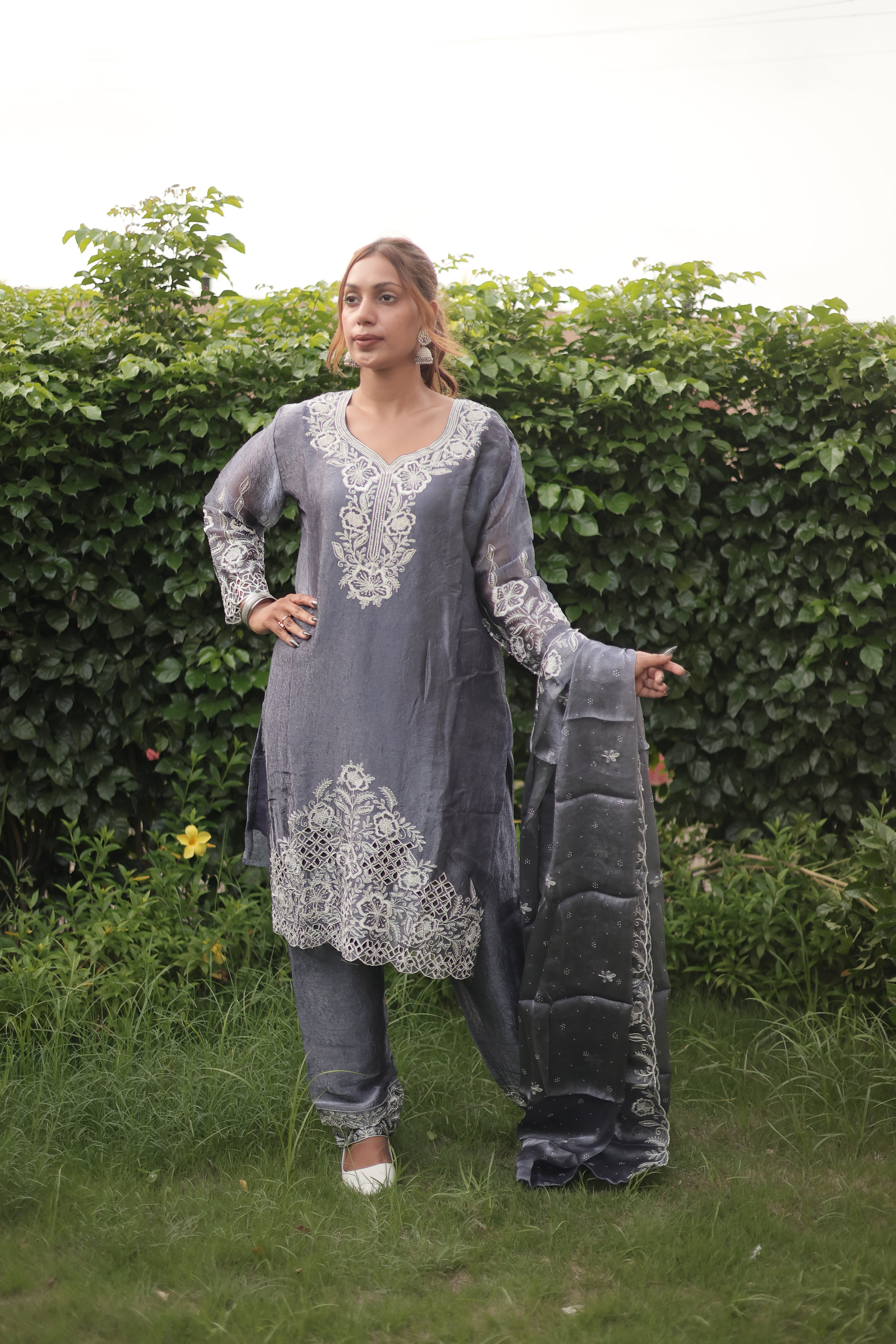 Steel Grey Luxury Embroidered Kurta Set with Embroidered Dupatta