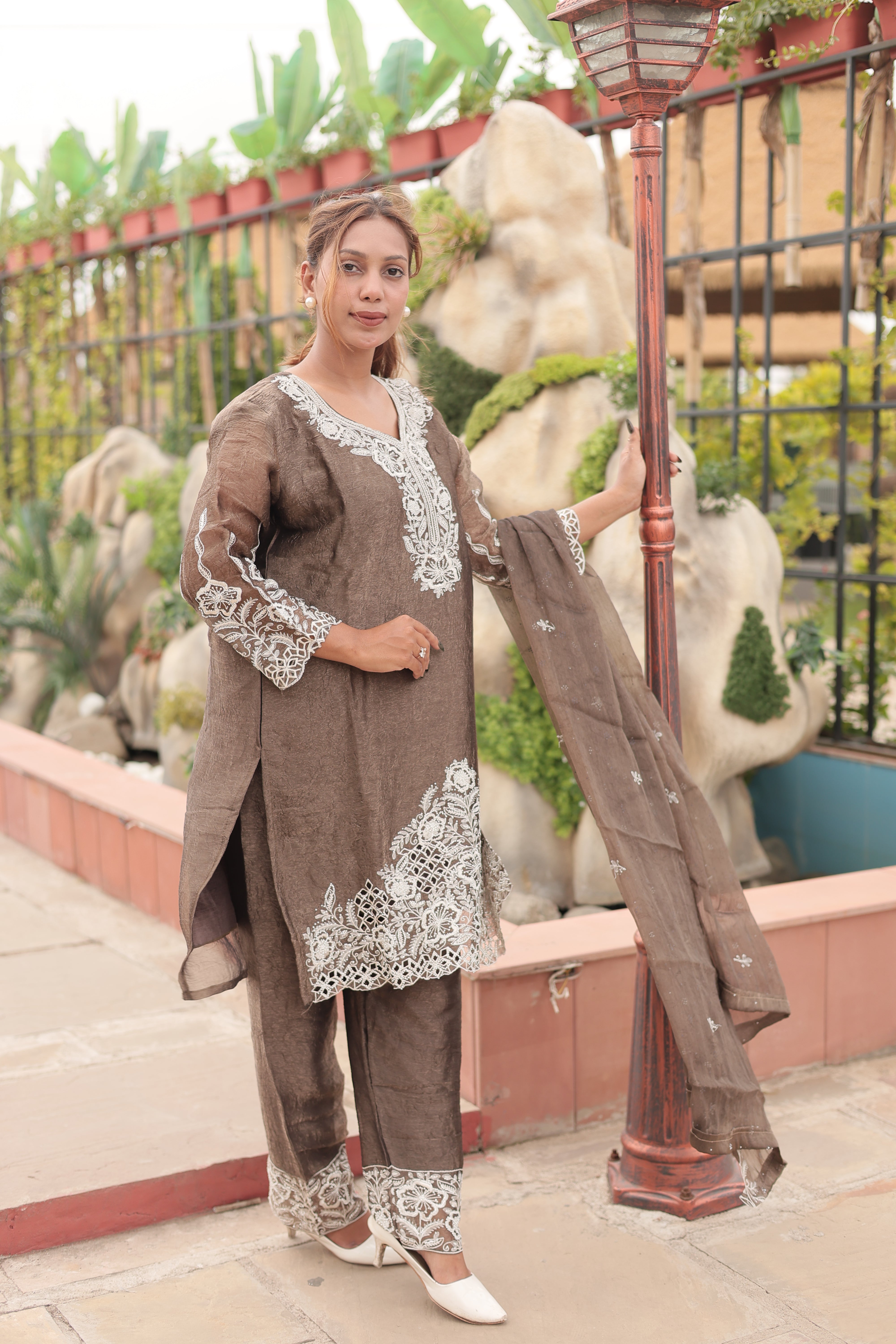 Mocha Brown Luxury Embroidered Kurta Set with Embroidered Dupatta