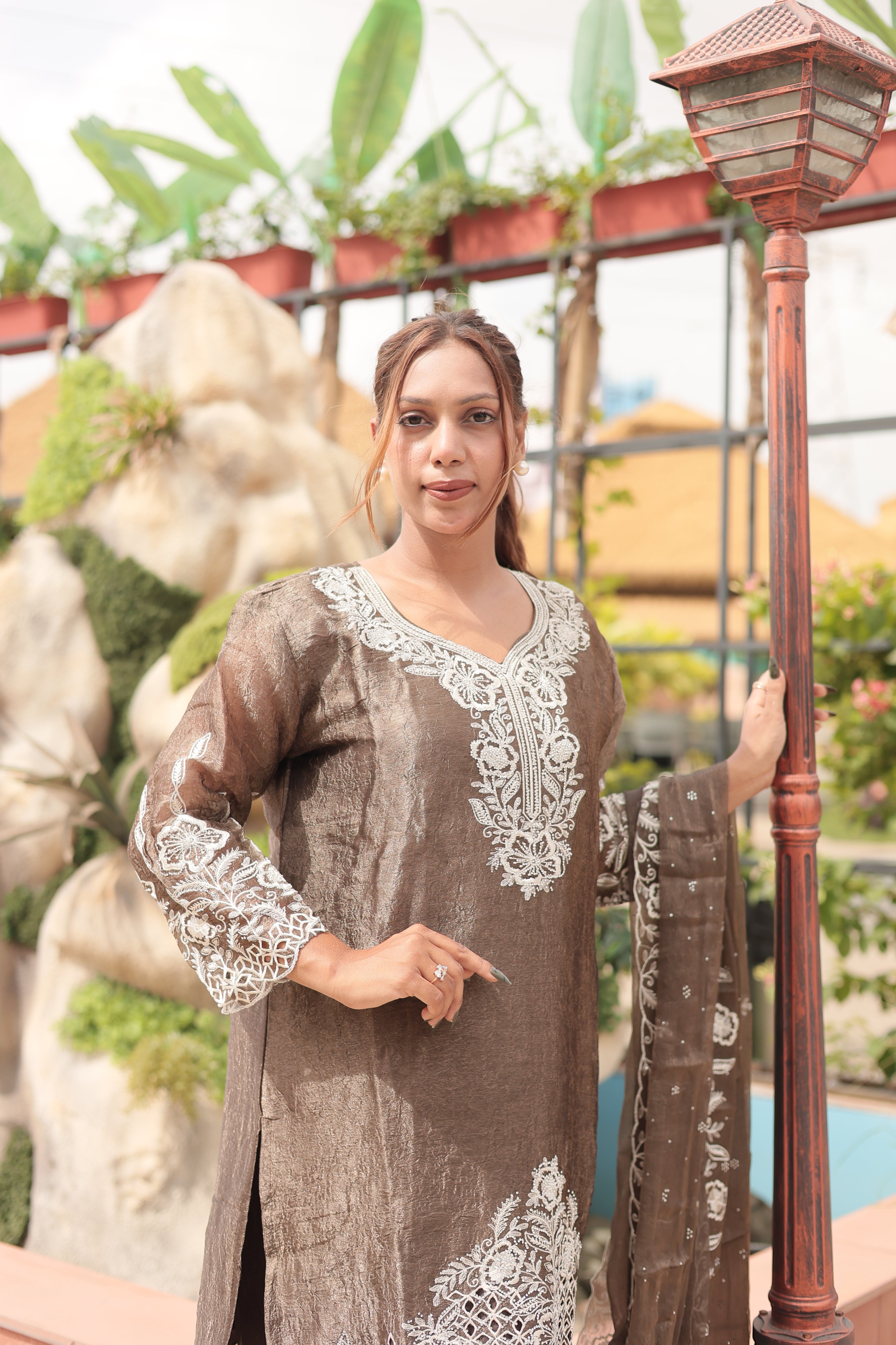 Mocha Brown Luxury Embroidered Kurta Set with Embroidered Dupatta