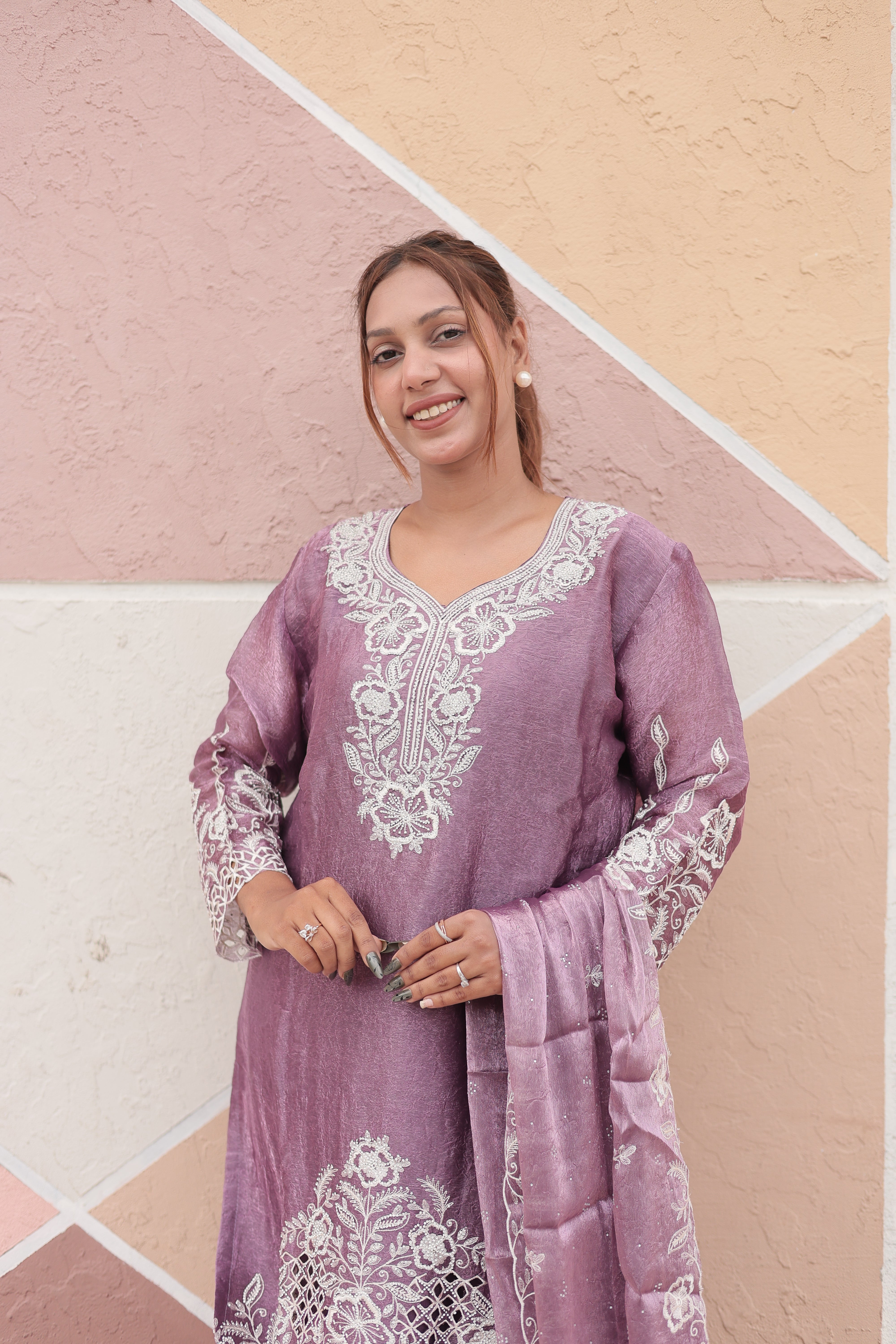 Dusty Lavender Luxury Embroidered Kurta Set with Embroidered Dupatta