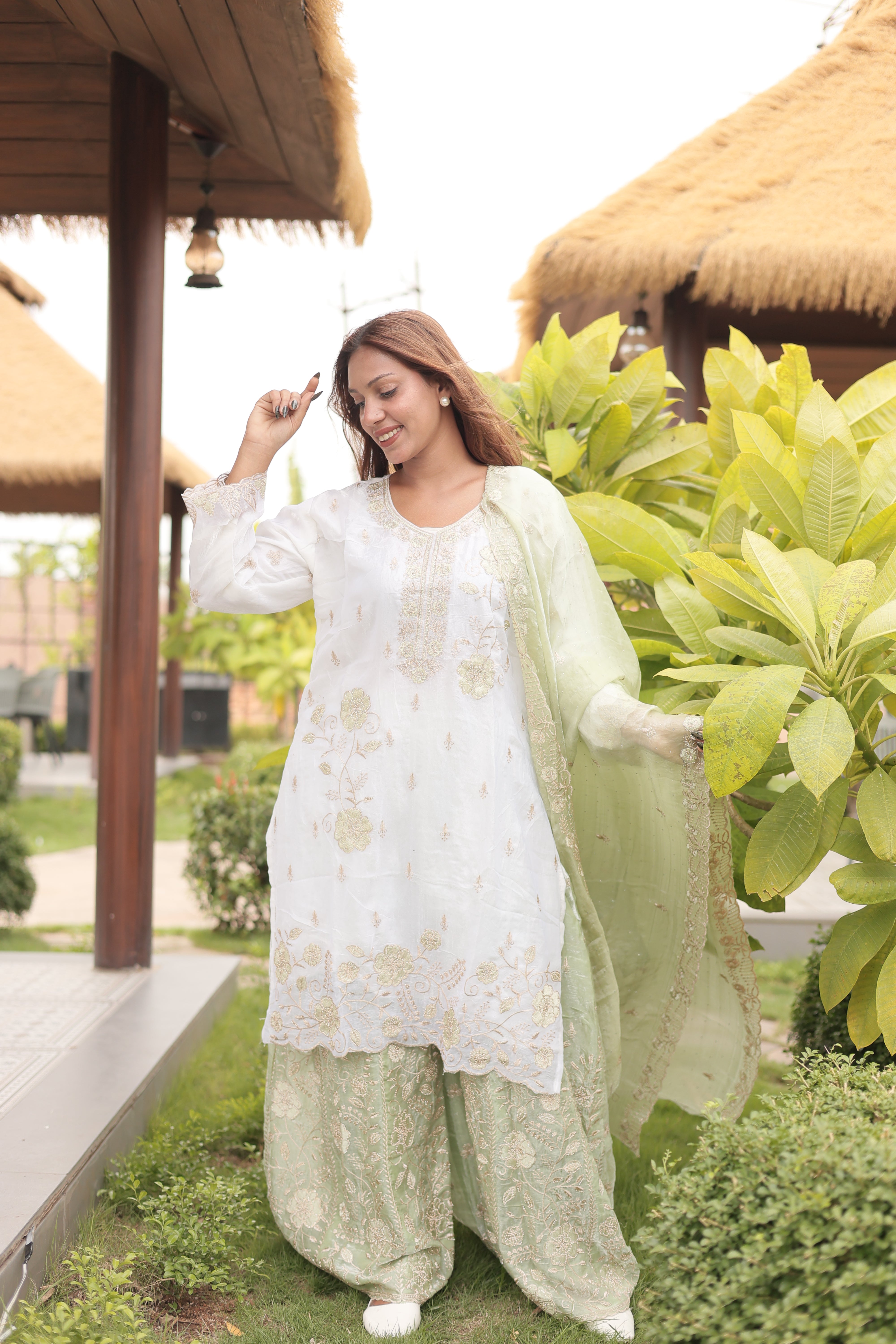 Ivory & Mint Green Luxury Embroidered Kurta Set with Embroidered Dupatta