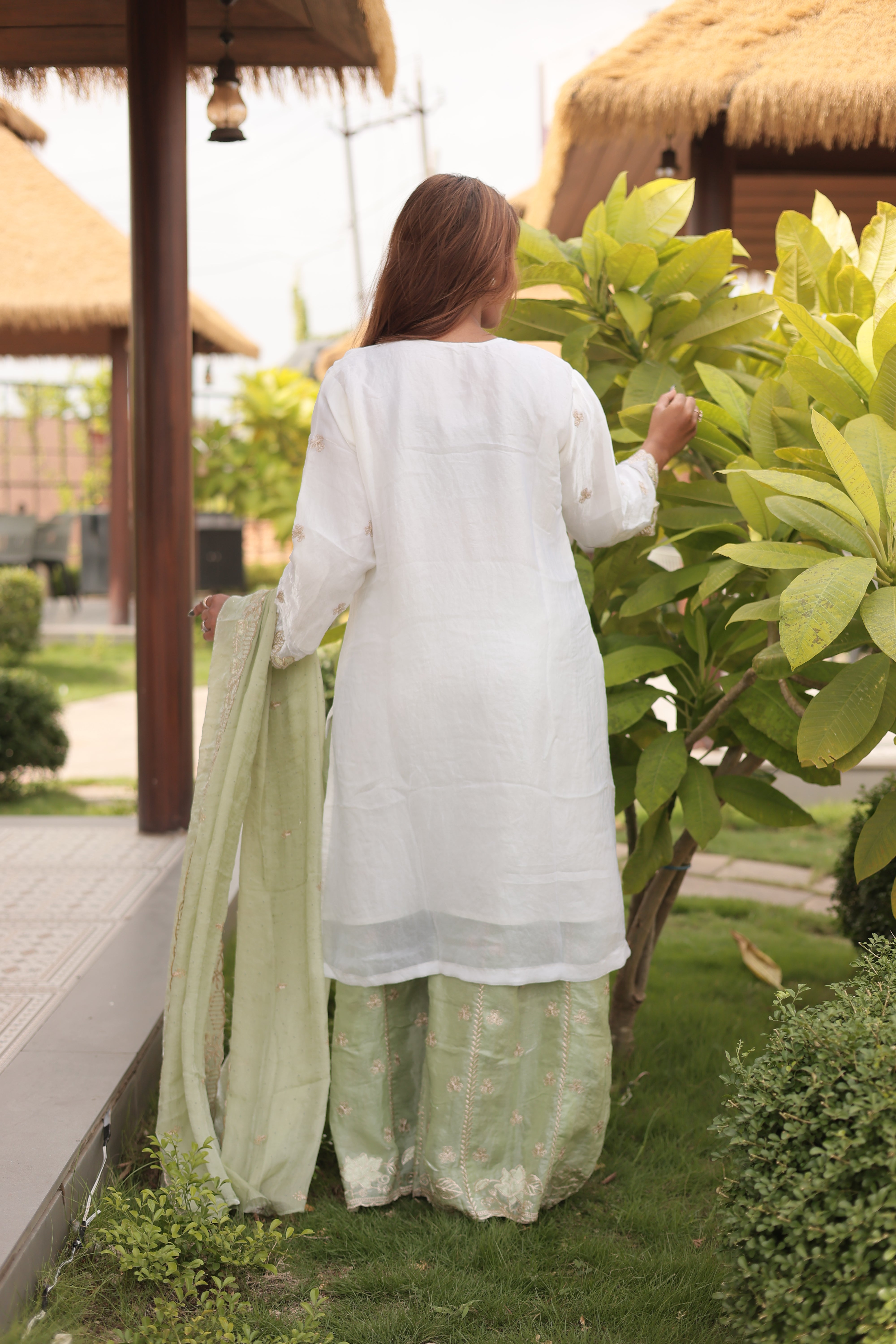 Ivory & Mint Green Luxury Embroidered Kurta Set with Embroidered Dupatta