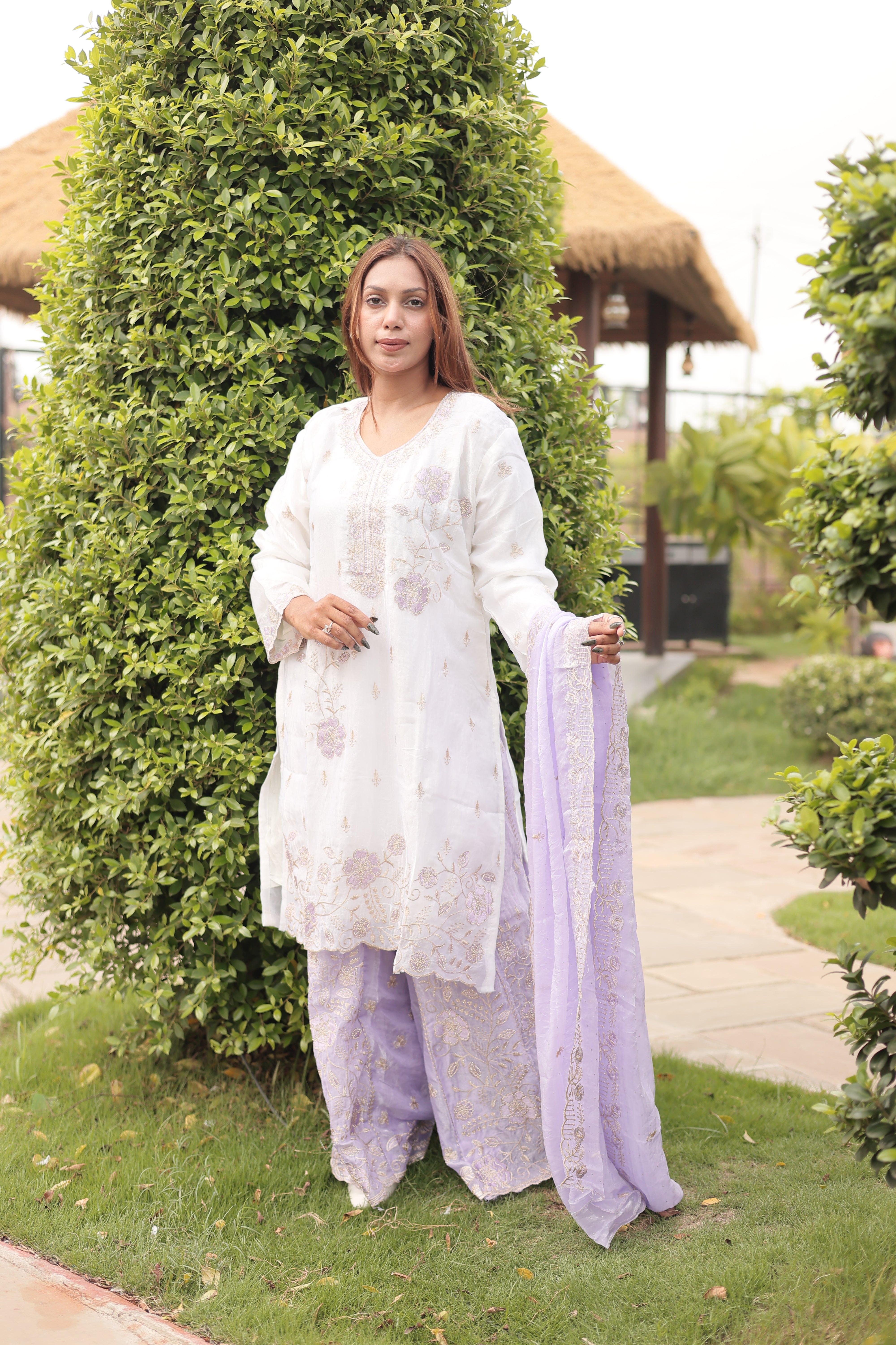 Ivory & Lavender Luxury Embroidered Kurta Set with Embroidered Dupatta