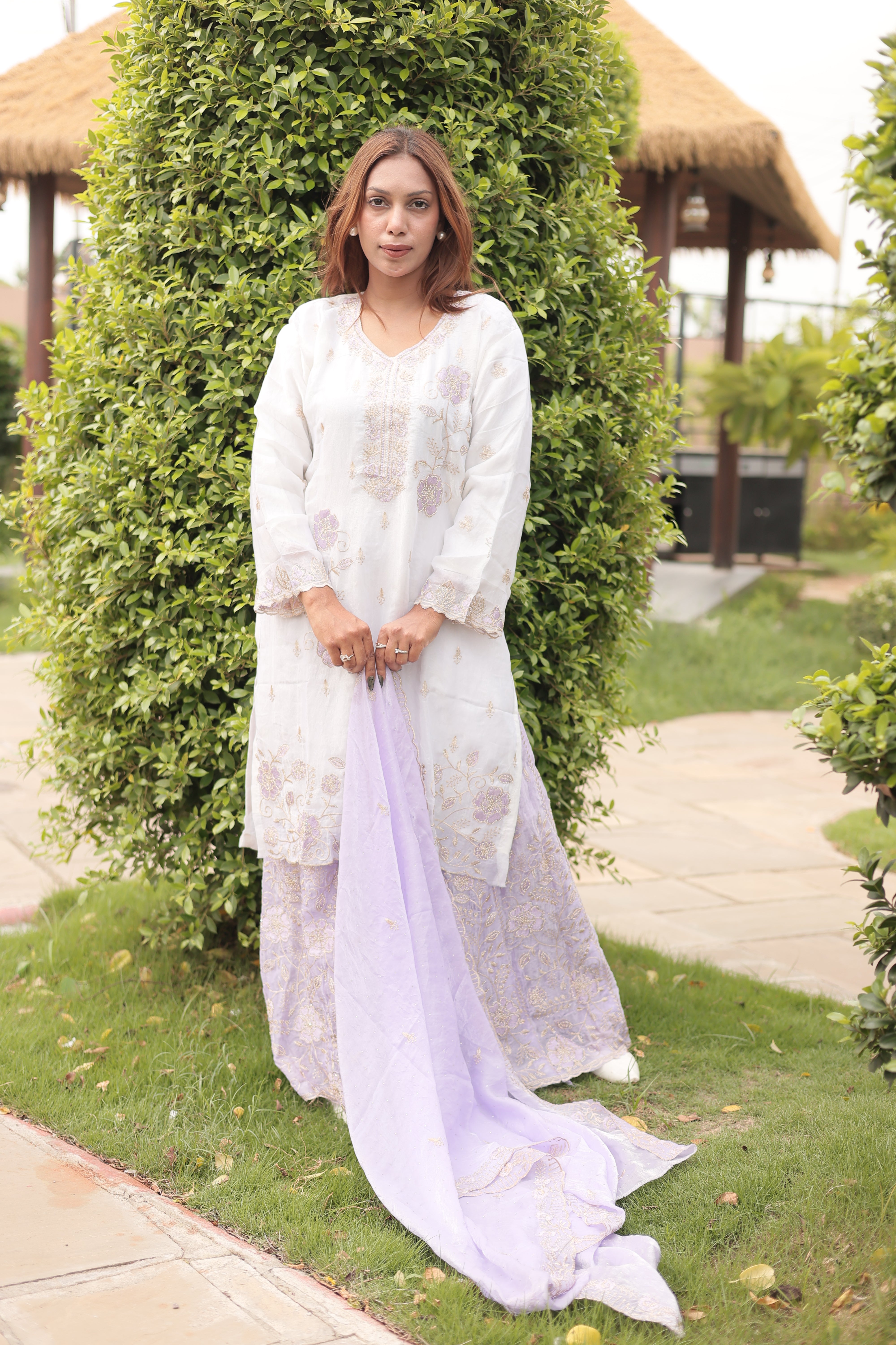 Ivory & Lavender Luxury Embroidered Kurta Set with Embroidered Dupatta