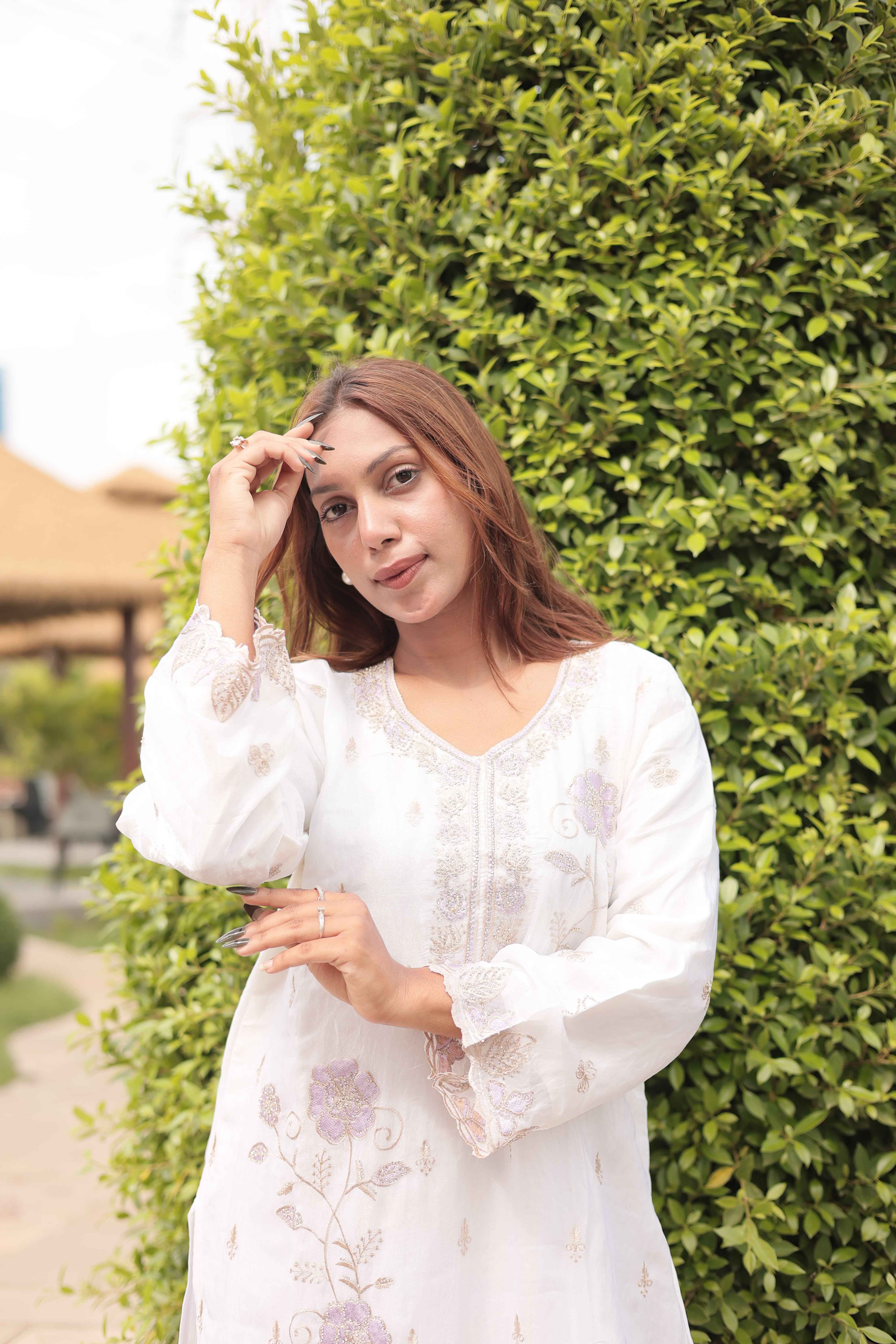 Ivory & Lavender Luxury Embroidered Kurta Set with Embroidered Dupatta