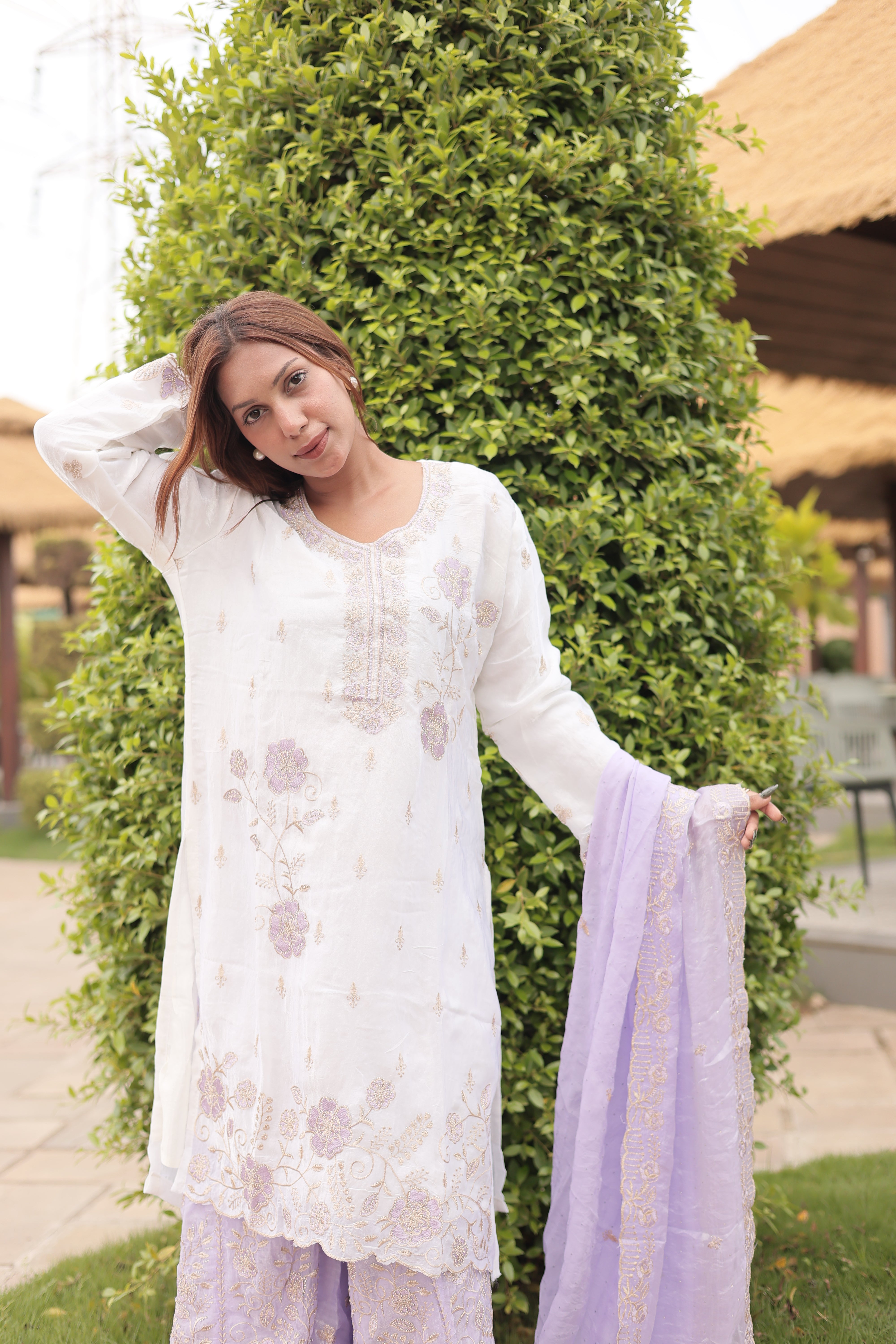 Ivory & Lavender Luxury Embroidered Kurta Set with Embroidered Dupatta