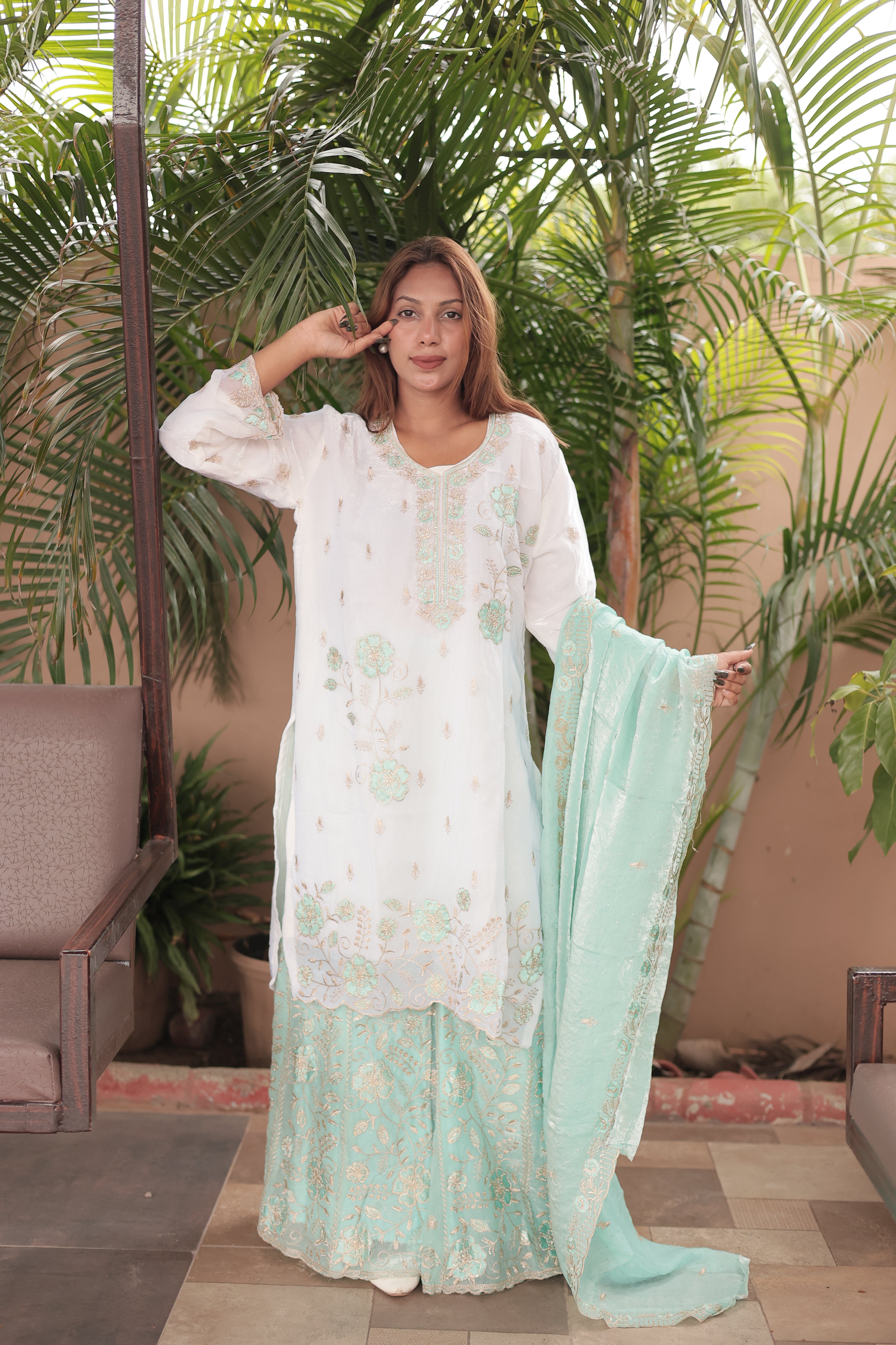 Ivory & Aqua Mint Luxury Embroidered Kurta Set with Embroidered Dupatta  Refresh your ethnic wa