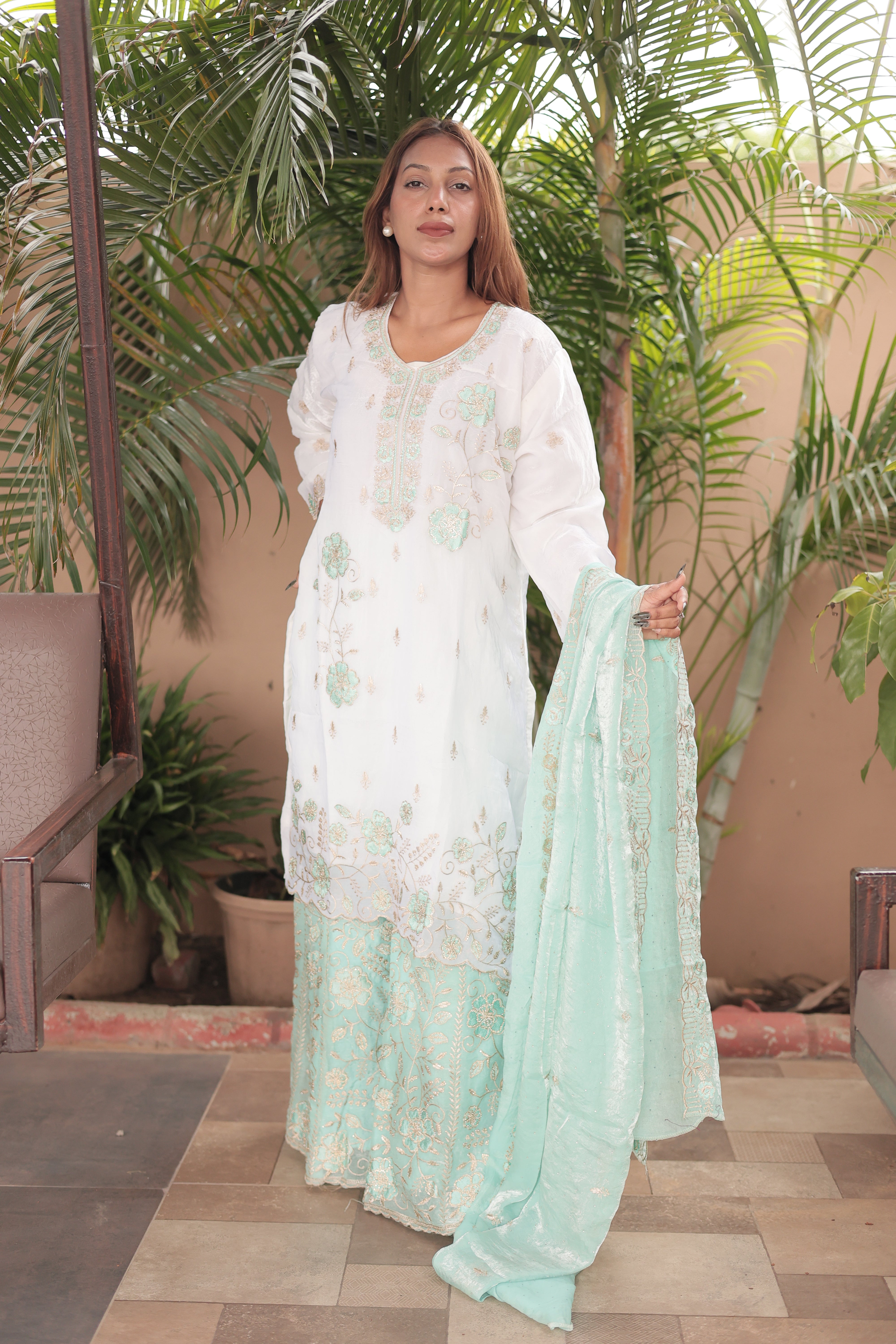 Ivory & Aqua Mint Luxury Embroidered Kurta Set with Embroidered Dupatta  Refresh your ethnic wa