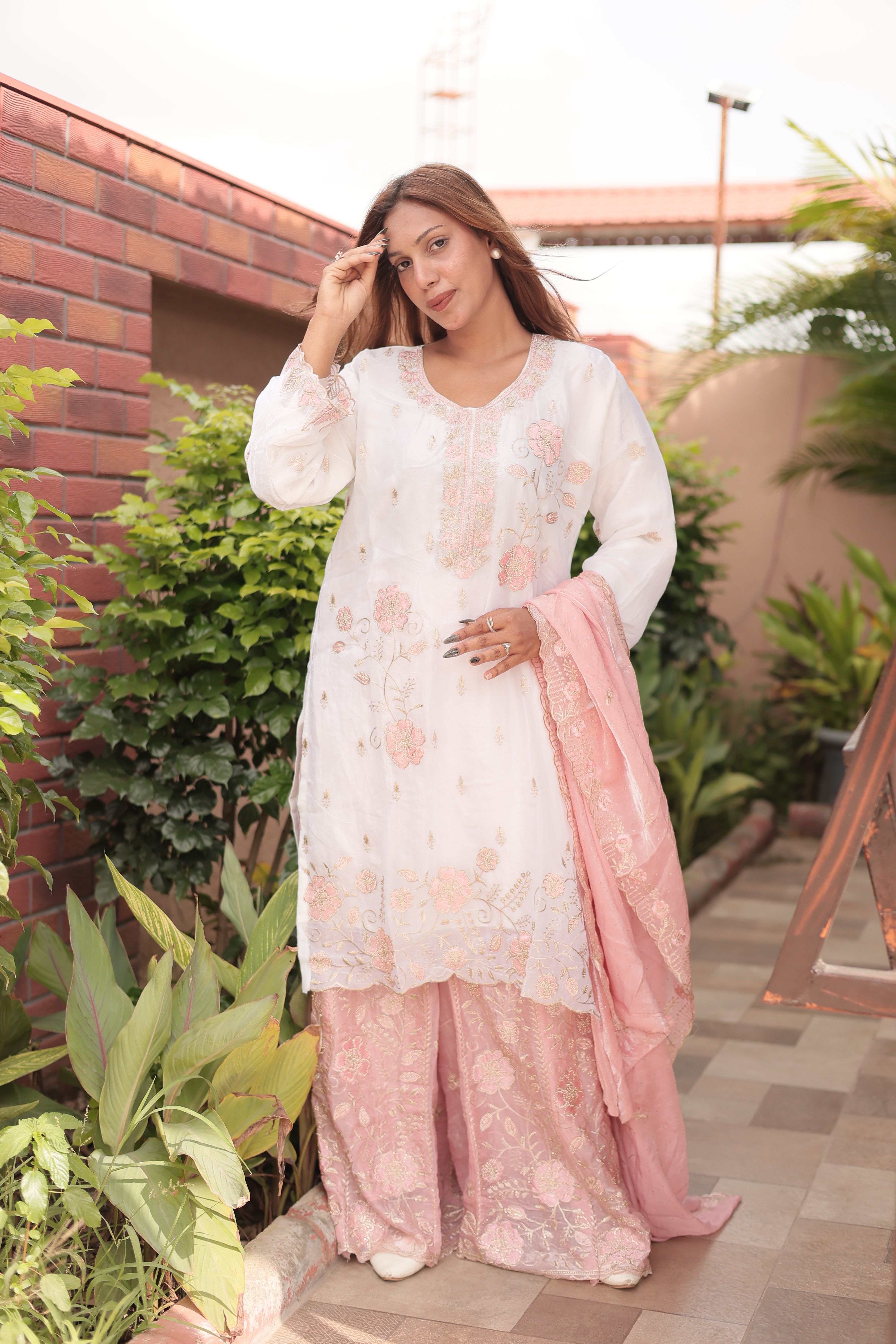 Ivory & Blush Pink Luxury Embroidered Kurta Set with Embroidered Dupatta