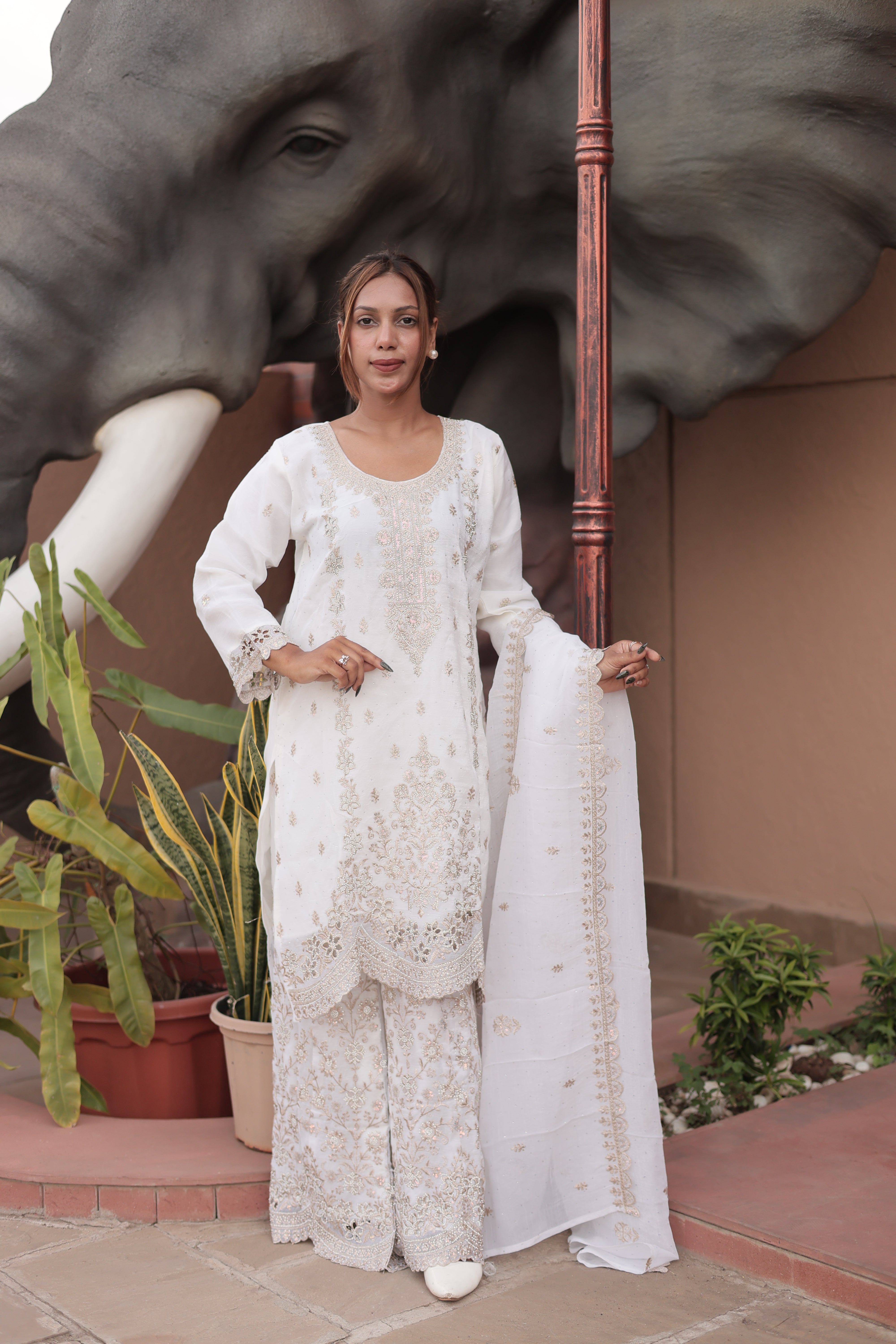 Ivory Luxury Embroidered Kurta Palazzo Set with Embroidered Dupatta