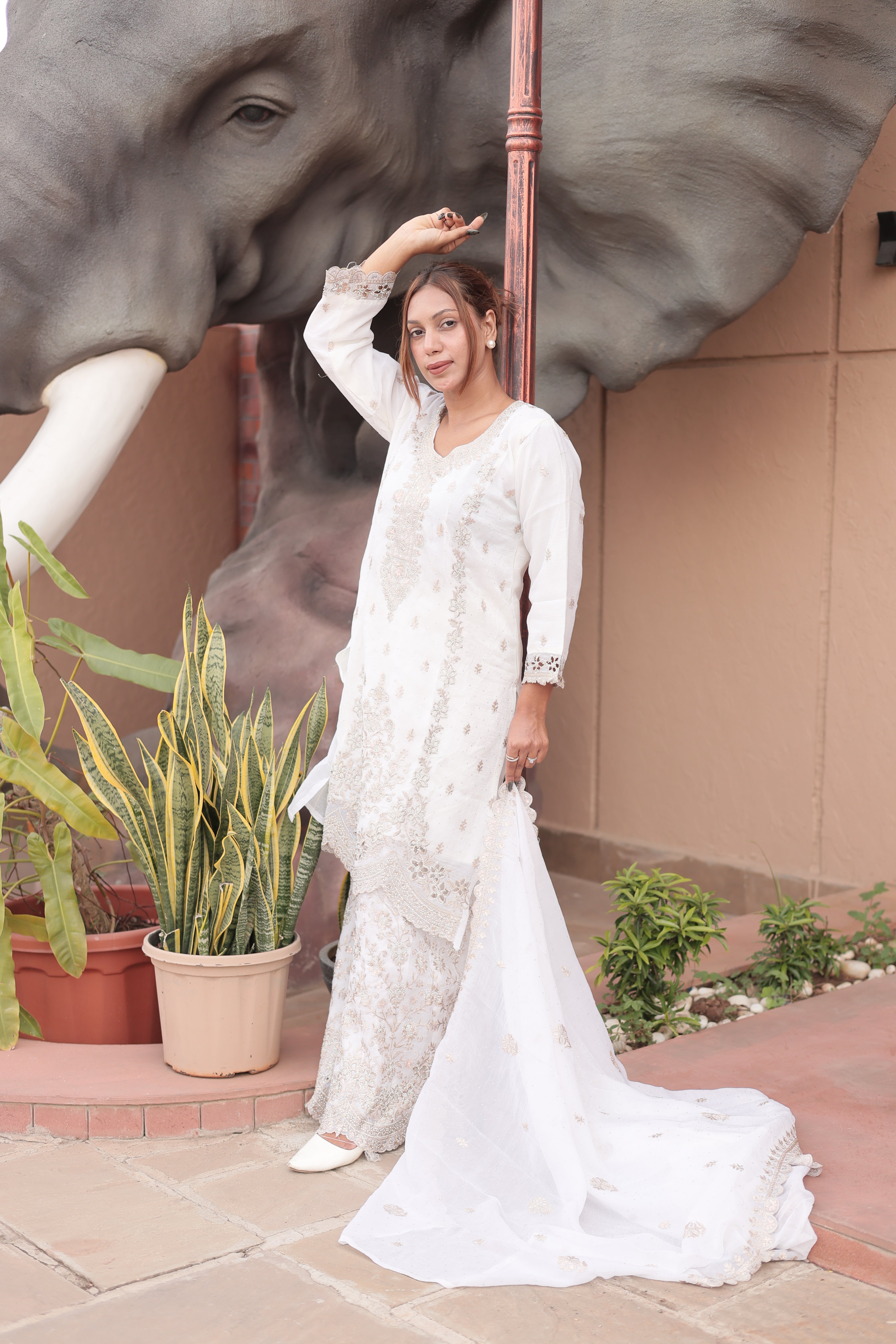 Ivory Luxury Embroidered Kurta Palazzo Set with Embroidered Dupatta