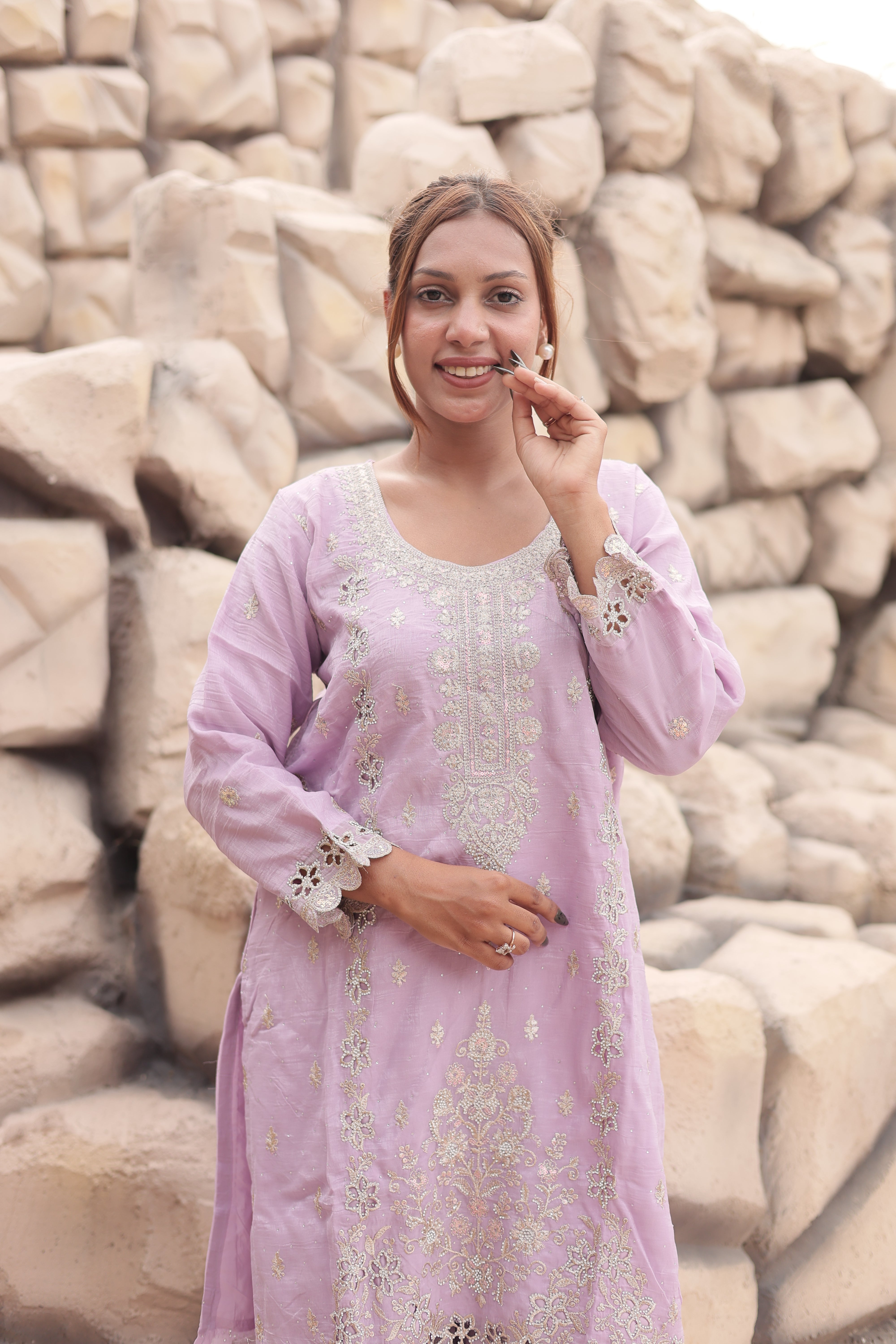 Lavender Luxury Embroidered Kurta Palazzo Set with Embroidered Dupatta