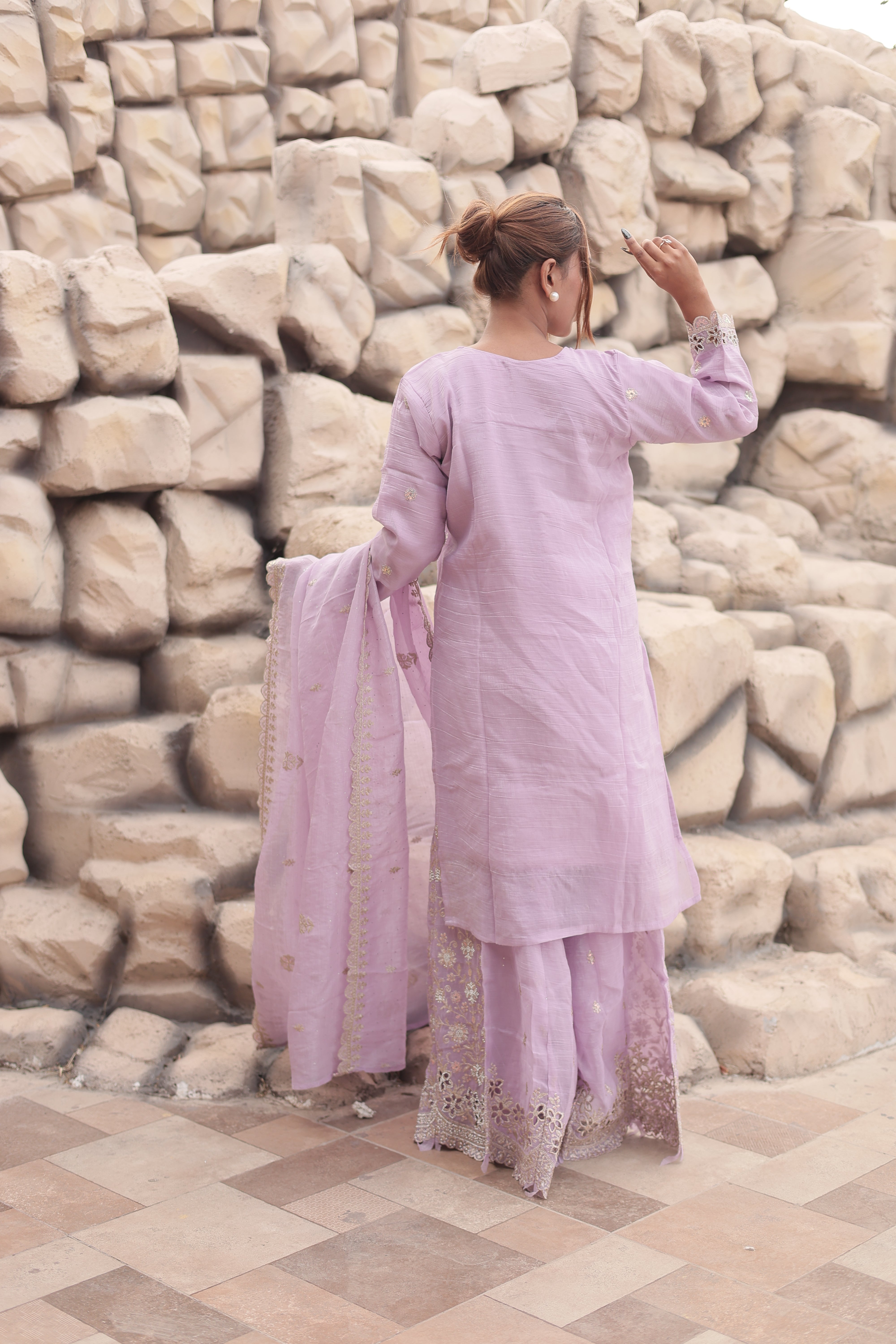 Lavender Luxury Embroidered Kurta Palazzo Set with Embroidered Dupatta