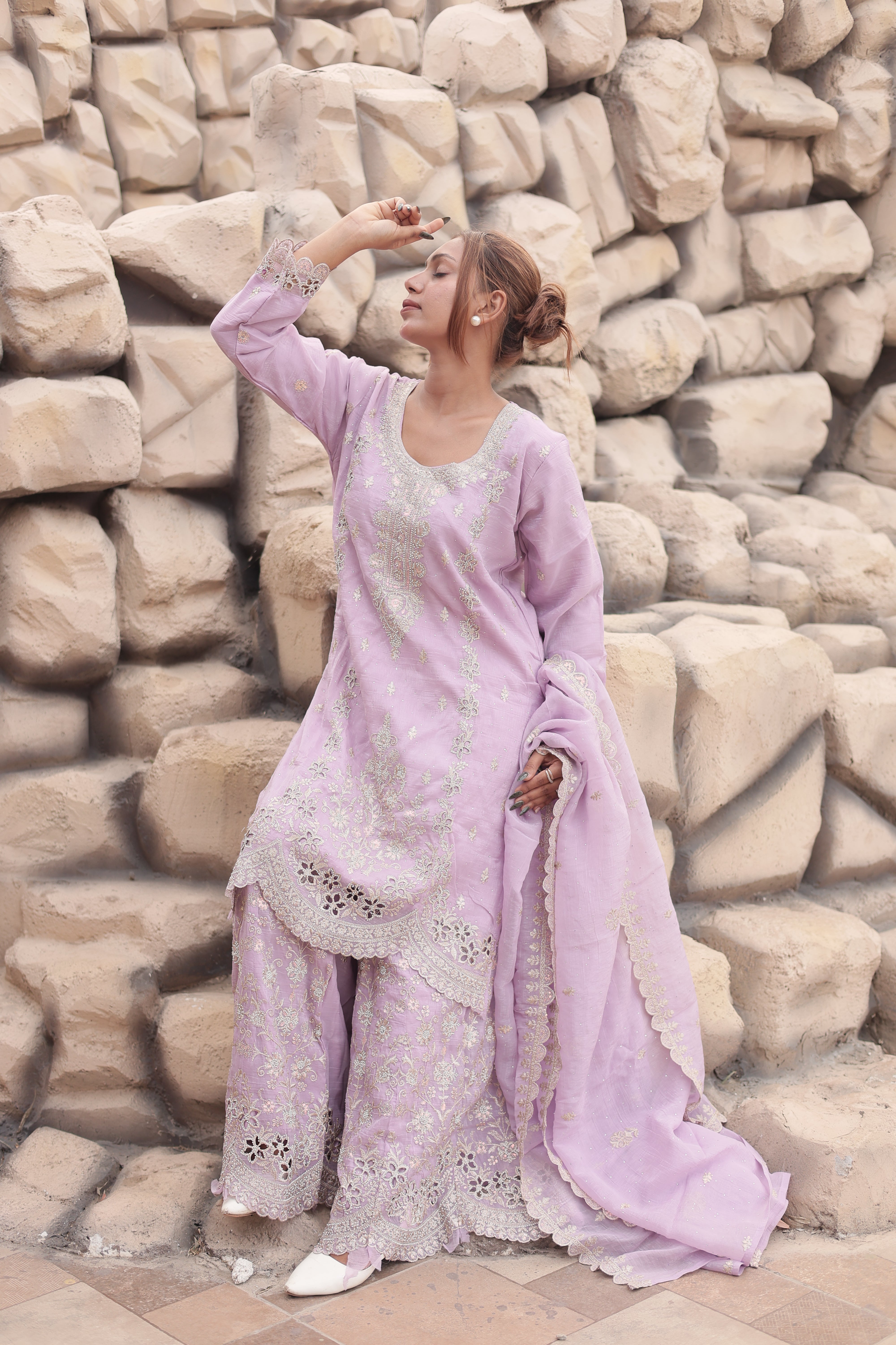 Lavender Luxury Embroidered Kurta Palazzo Set with Embroidered Dupatta