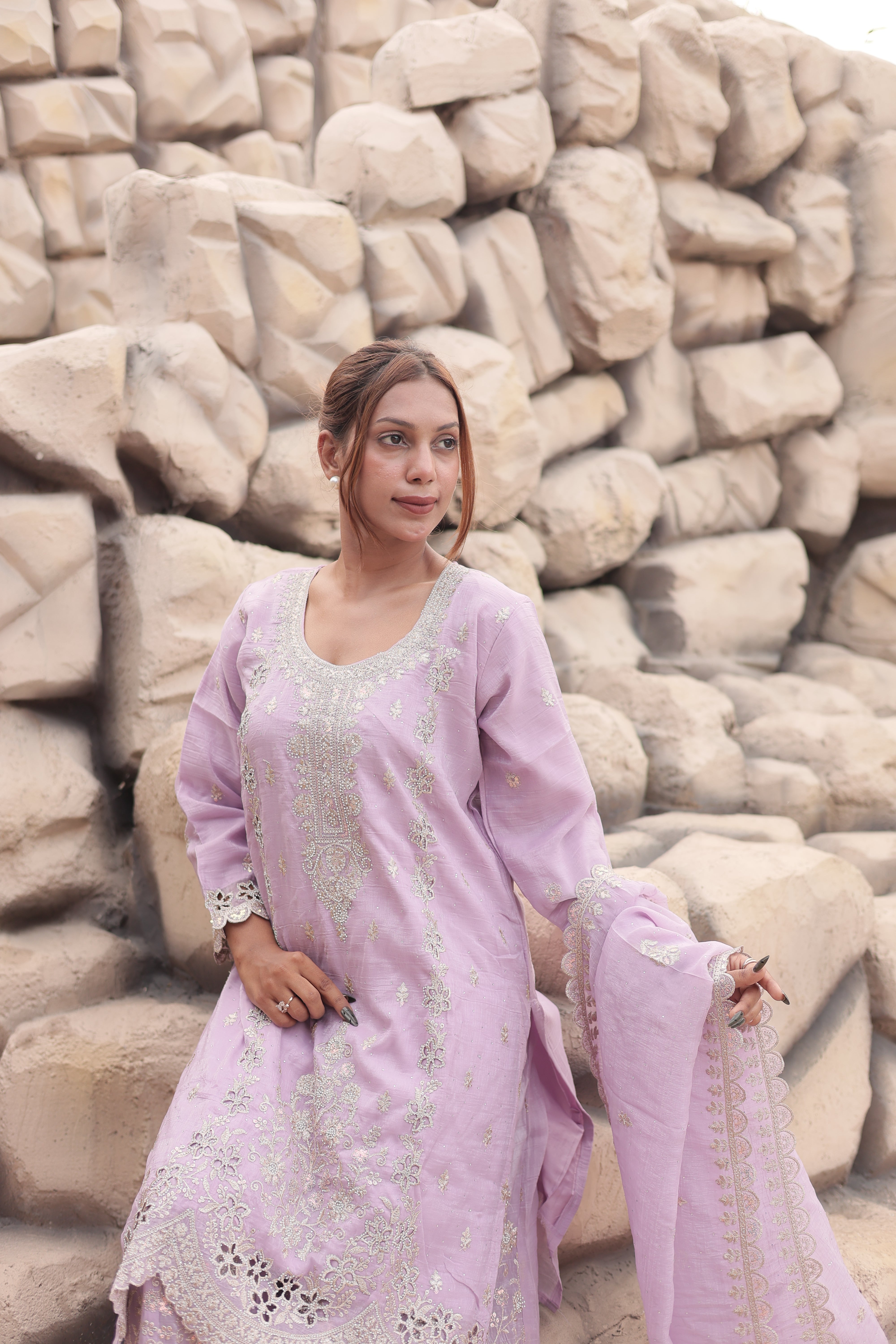 Lavender Luxury Embroidered Kurta Palazzo Set with Embroidered Dupatta