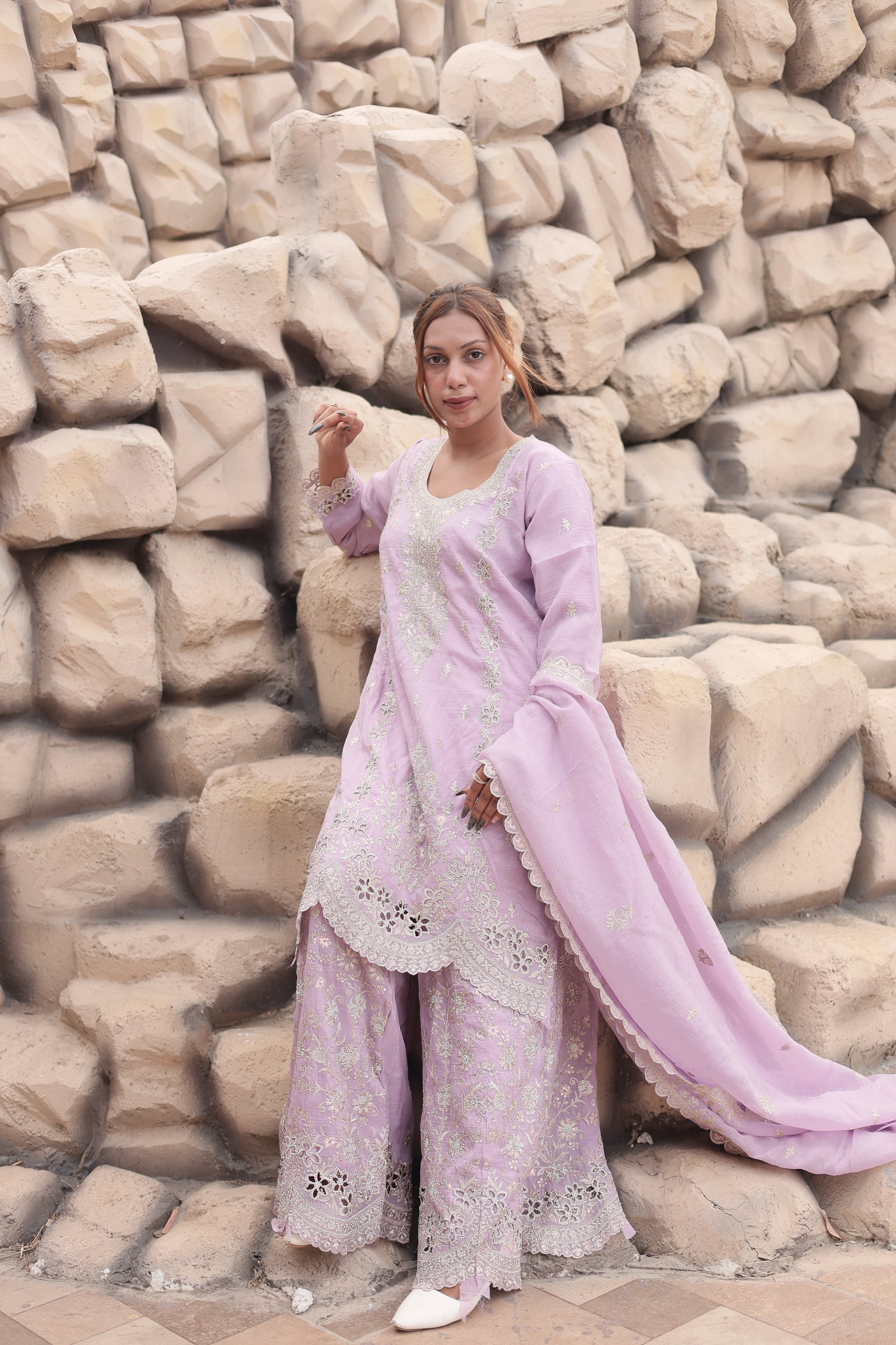 Lavender Luxury Embroidered Kurta Palazzo Set with Embroidered Dupatta