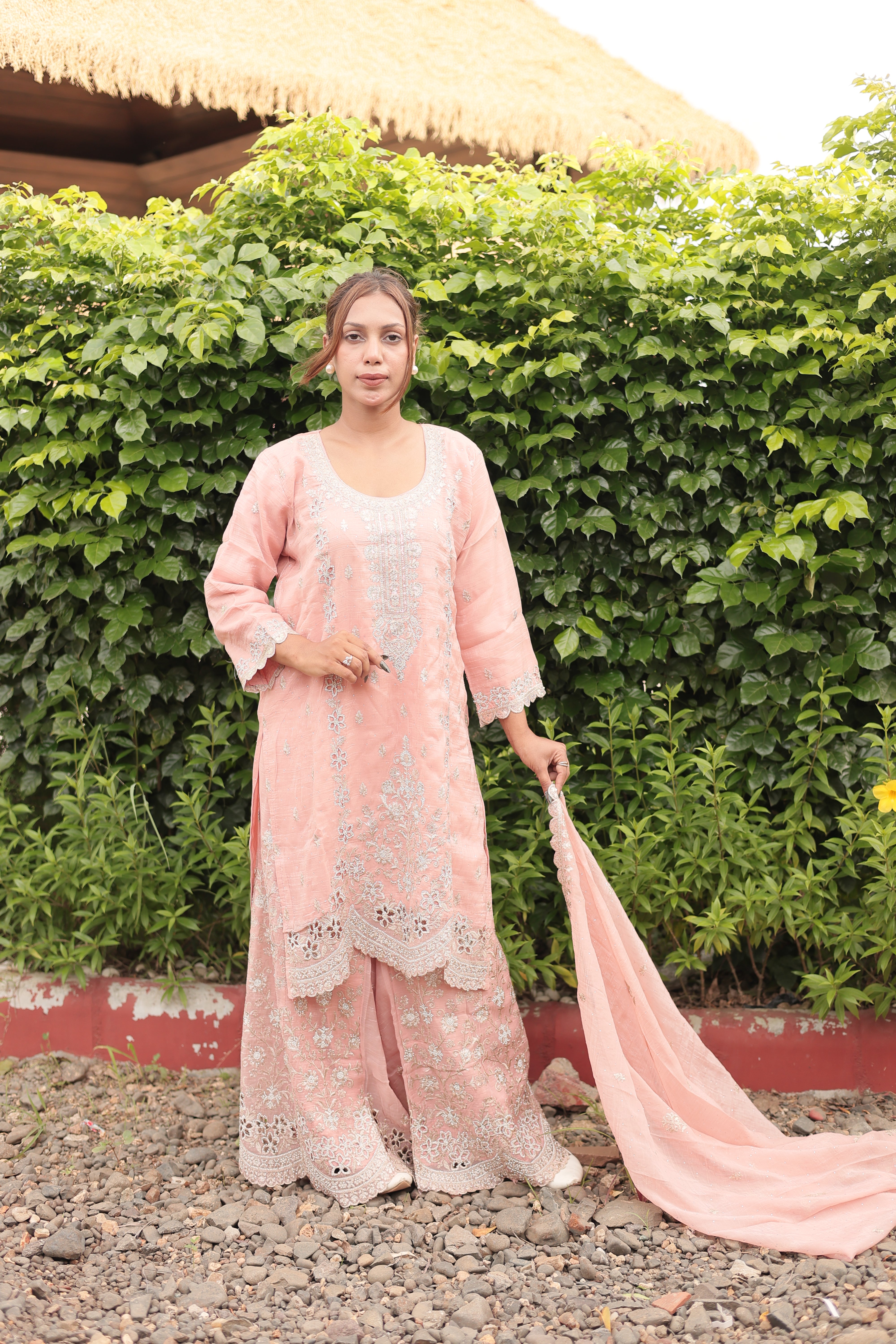 Peach Luxury Embroidered Kurta Palazzo Set with Embroidered Dupatta