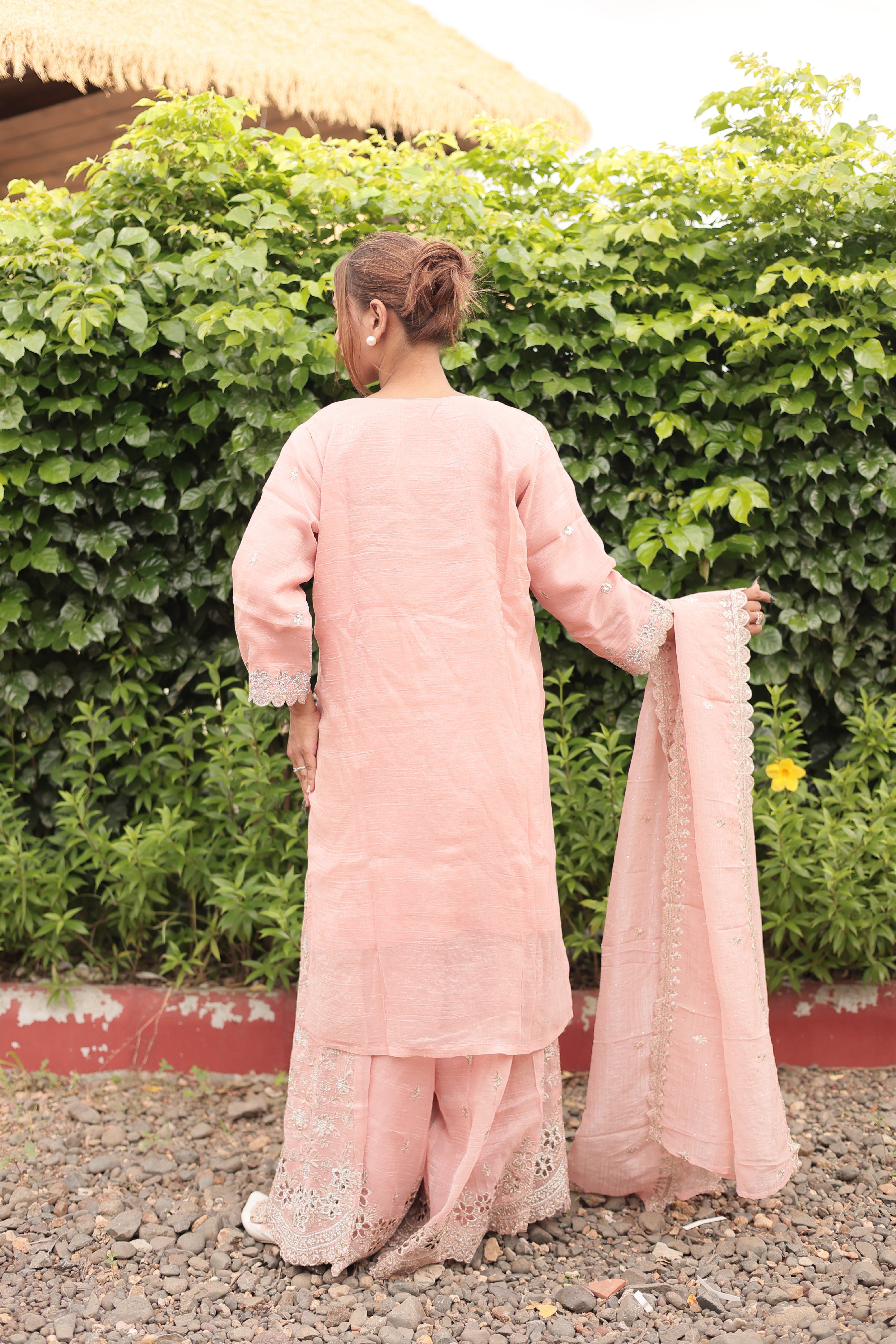 Peach Luxury Embroidered Kurta Palazzo Set with Embroidered Dupatta