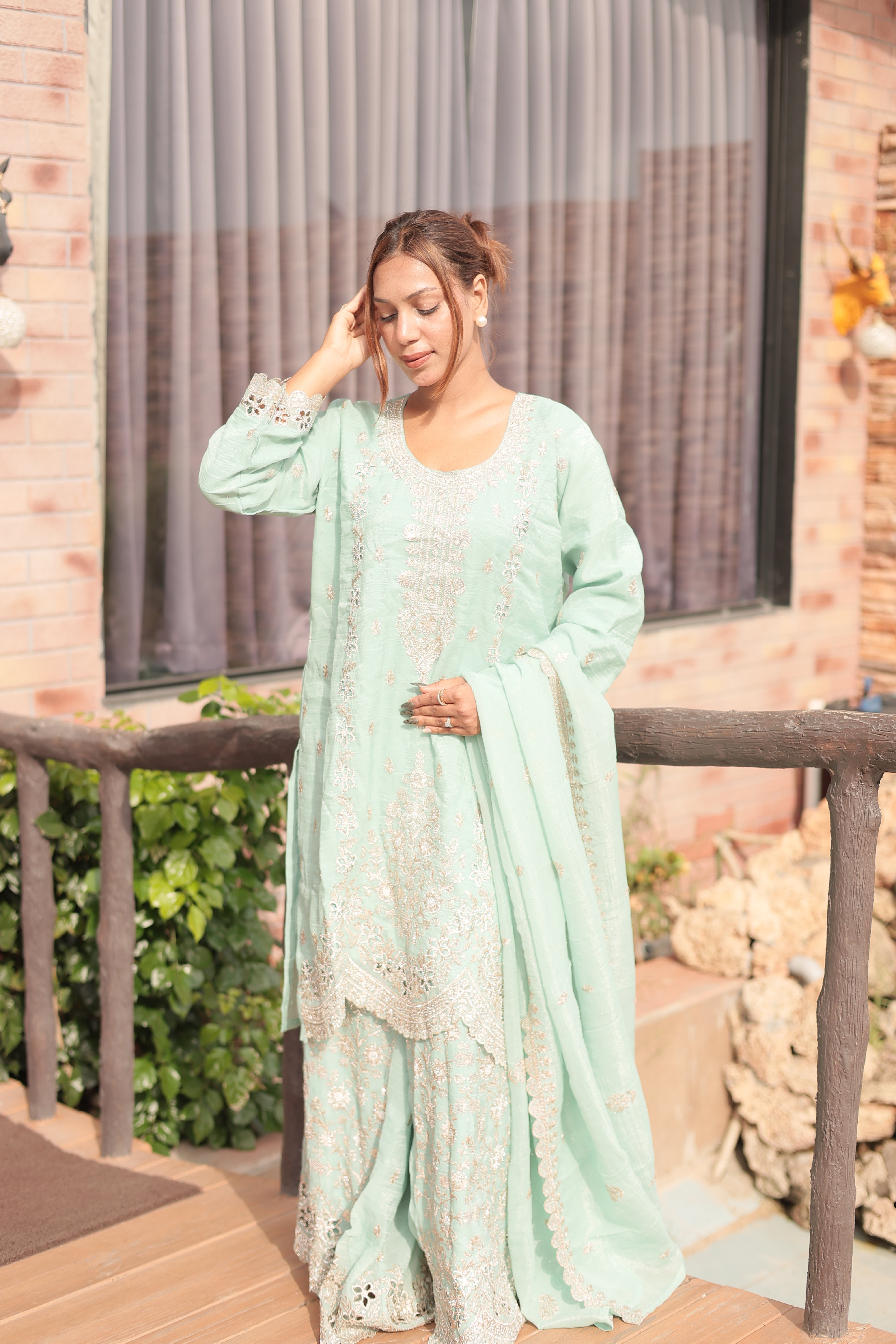 Mint Green Luxury Embroidered Kurta Palazzo Set with Embroidered Dupatta